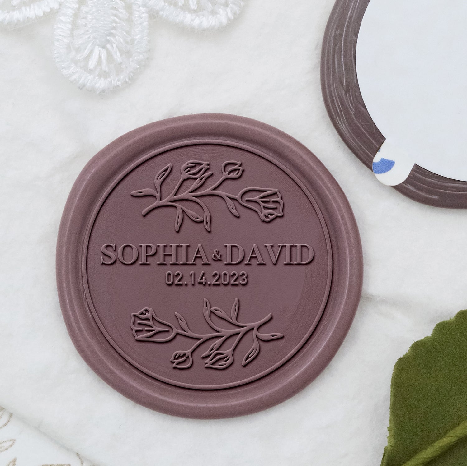 Stamprints Pegatinas de Sello de Lacre Personalizado de Tulipán con Nombre y Fecha de Boda 1