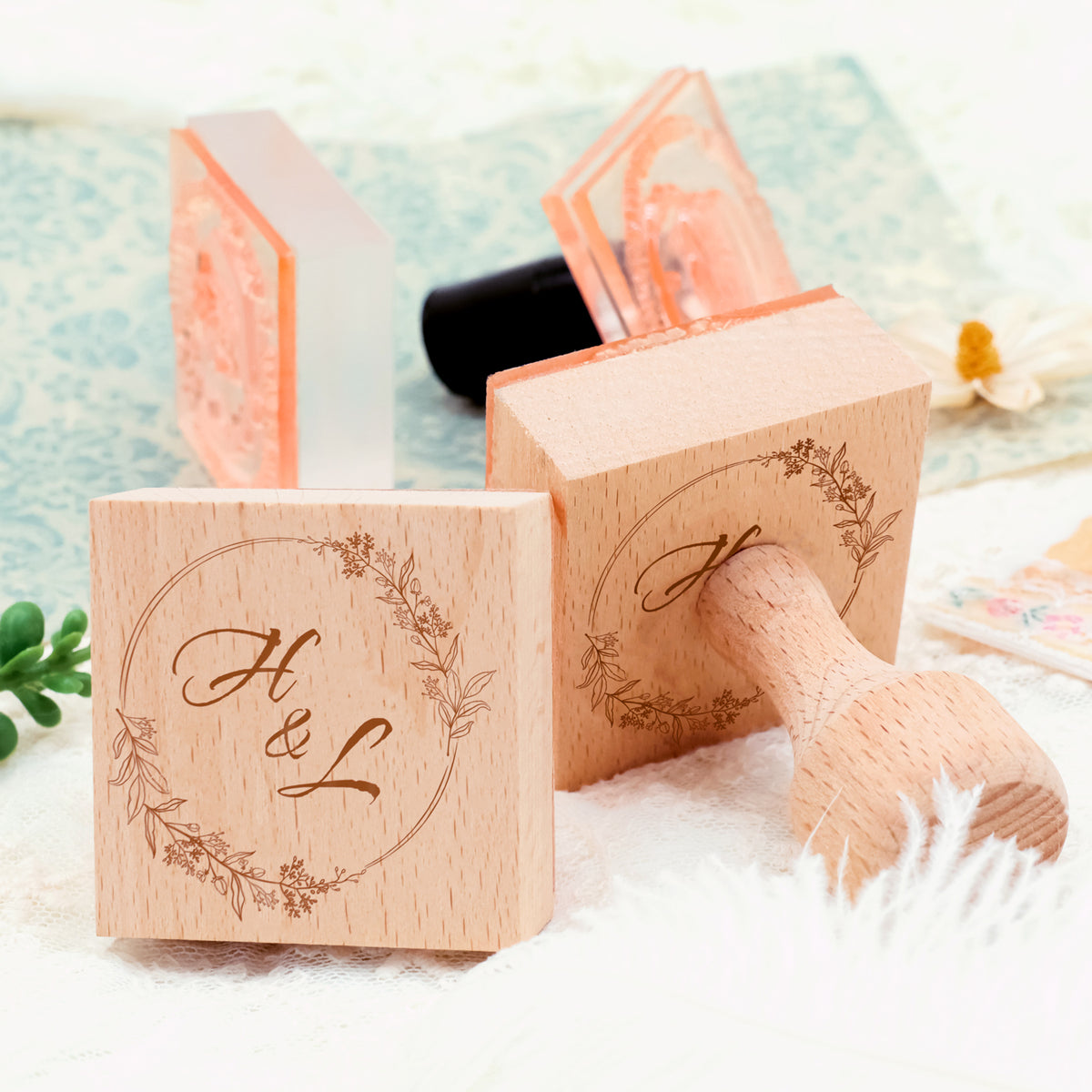 Sello de caucho personalizado con monograma botánico de boda -SKU4 3