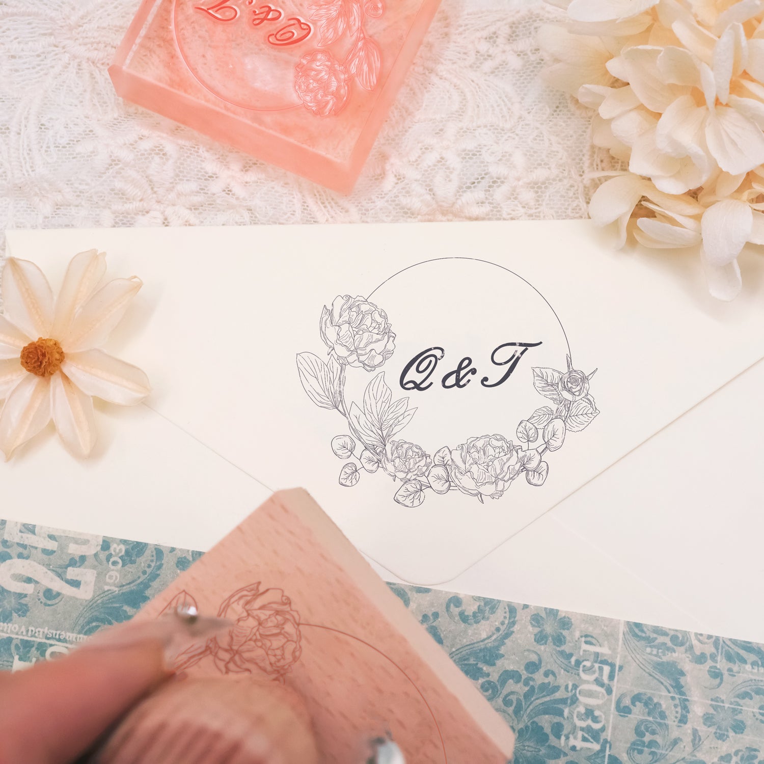 Sello de Caucho de Monograma de Boda Botánico Personalizado -SKU16 2