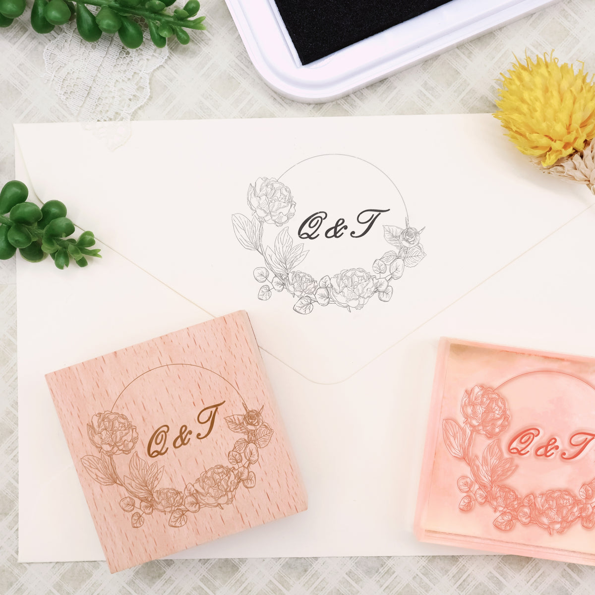 Sello de Caucho de Monograma de Boda Botánica Personalizada -SKU16 4