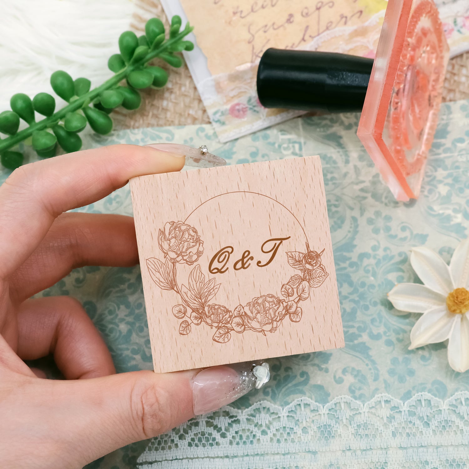 Sello de Caucho de Monograma de Boda Botánico Personalizado -SKU16 1