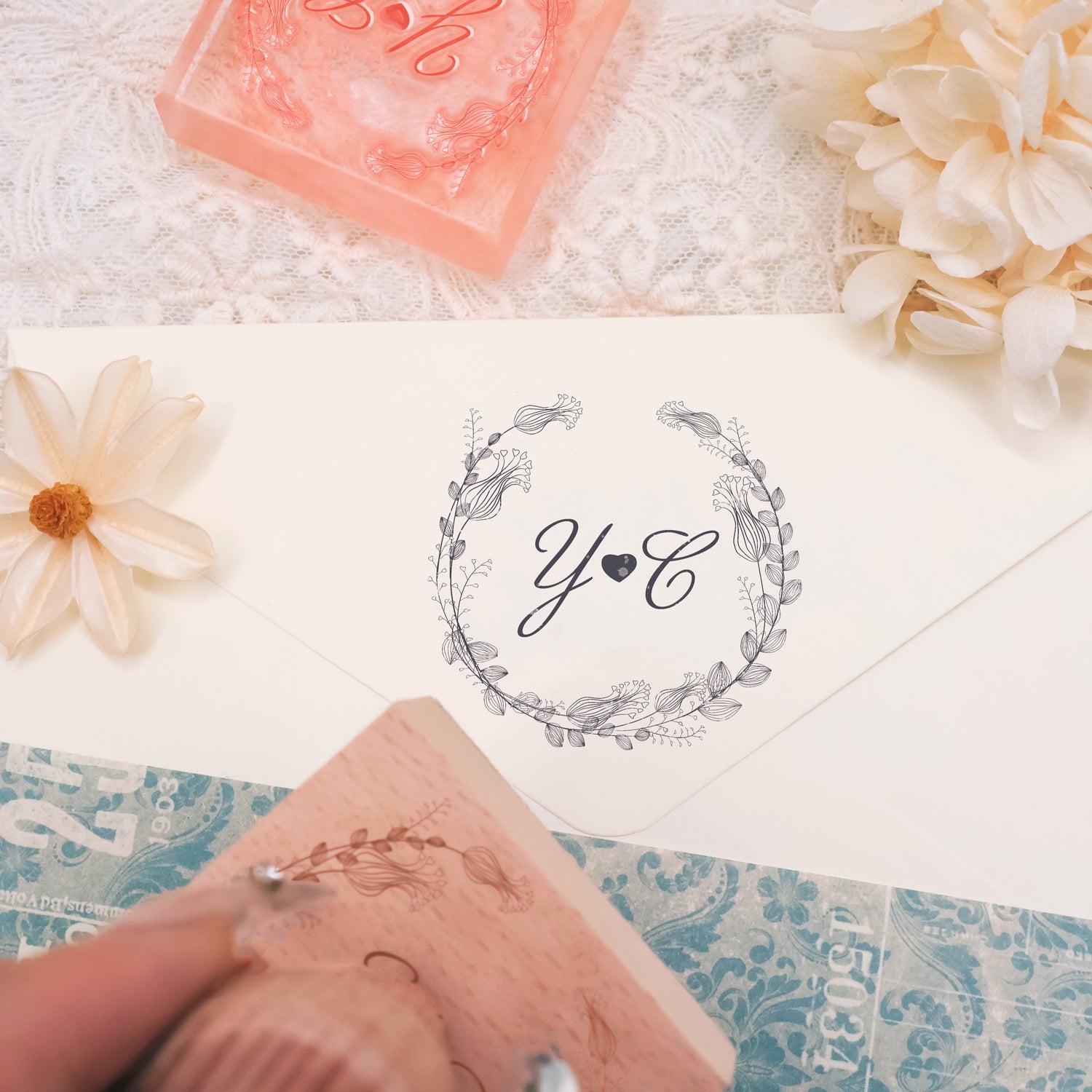 Sello de Caucho de Monograma de Boda Botánico Personalizado -SKU17 3