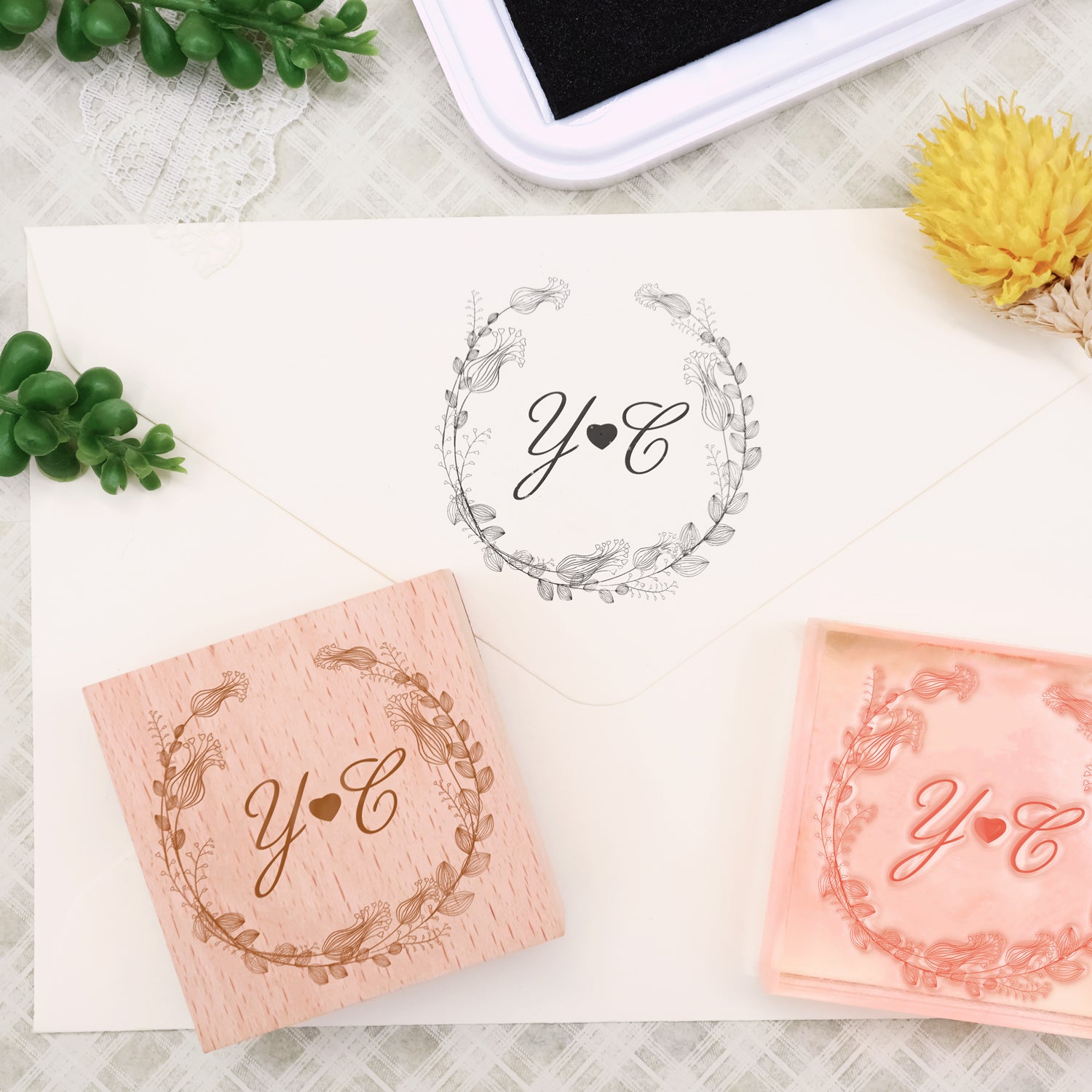 Sello de Caucho de Monograma de Boda Botánico Personalizado -SKU17 1