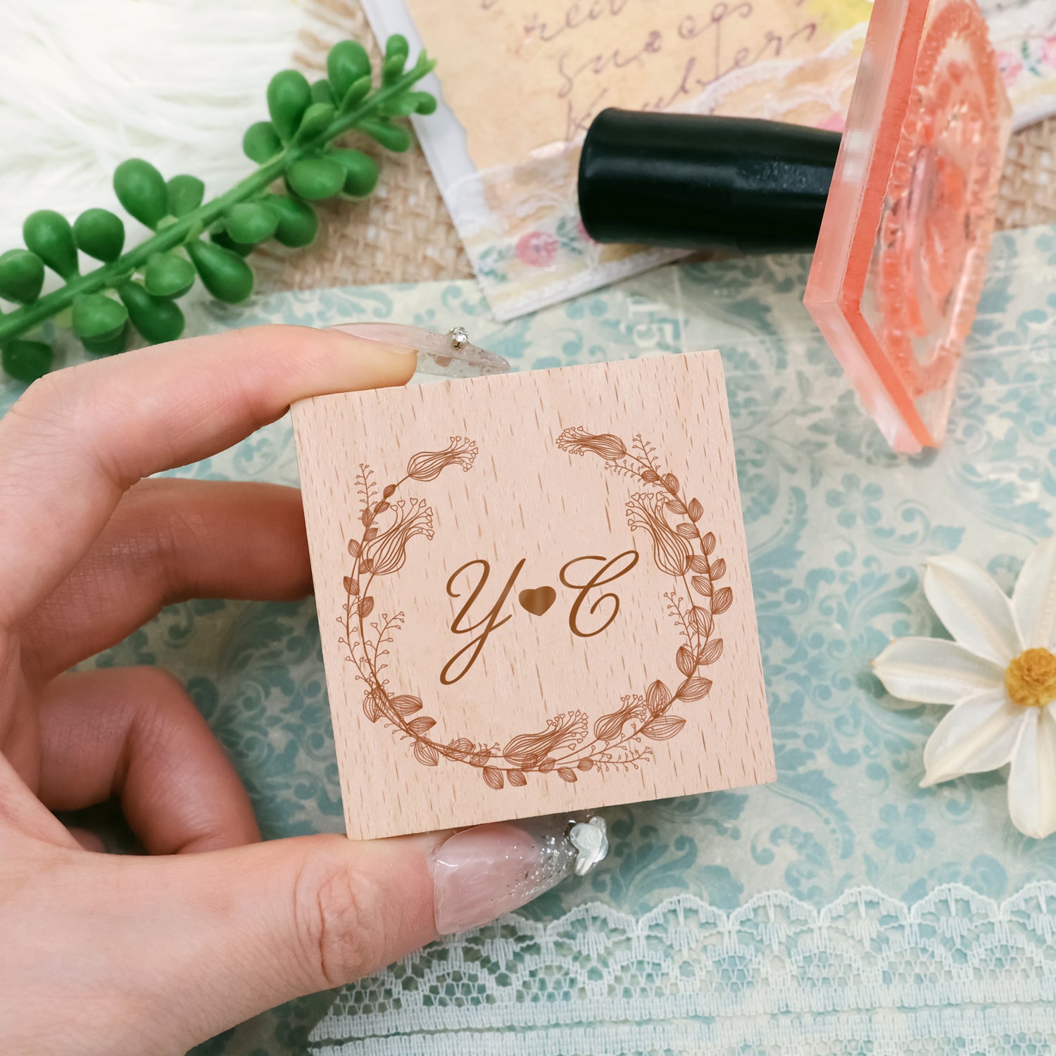 Sello de Caucho de Monograma de Boda Botánico Personalizado -SKU17 2