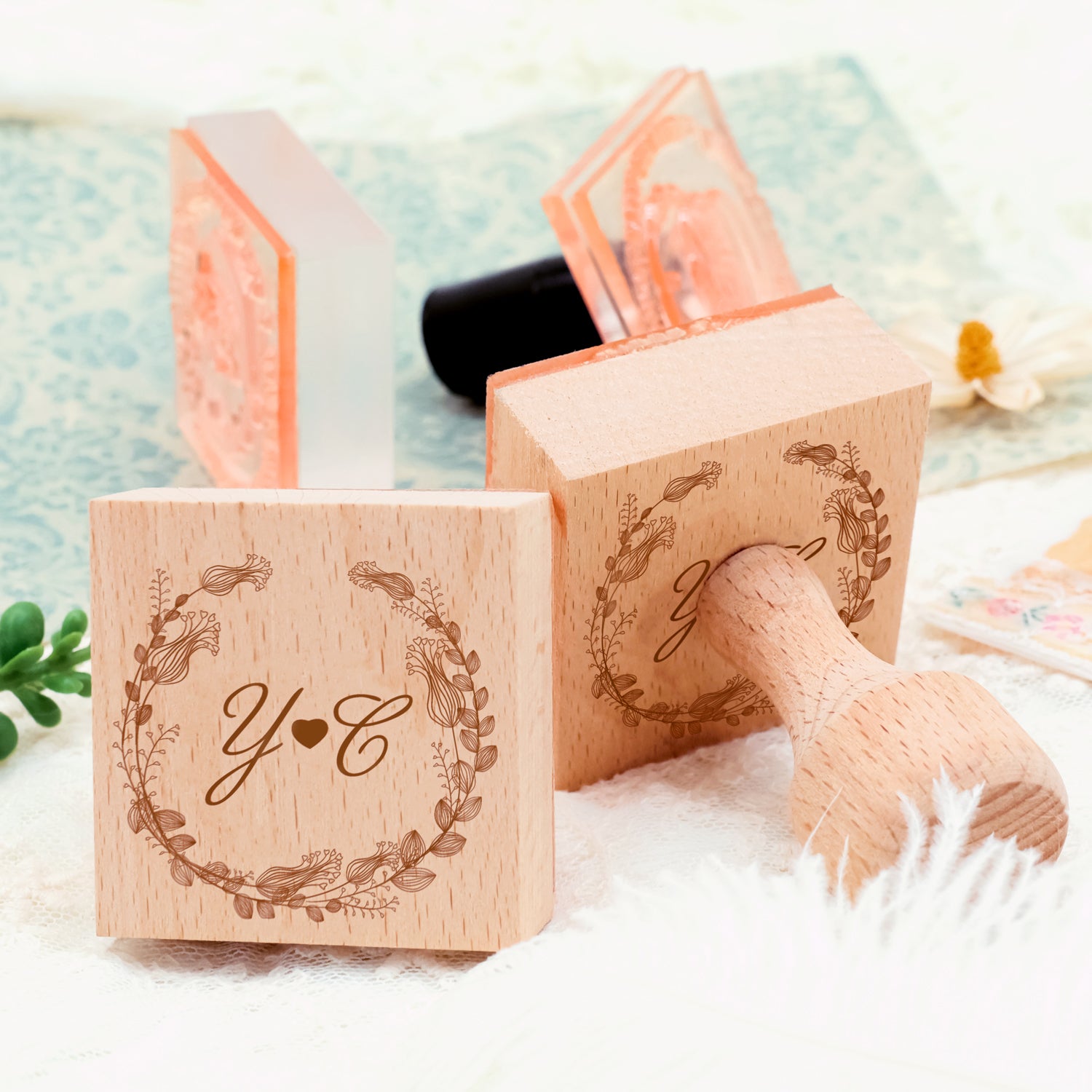 Sello de Caucho Botánico Personalizado para Boda con Monograma -SKU17 4