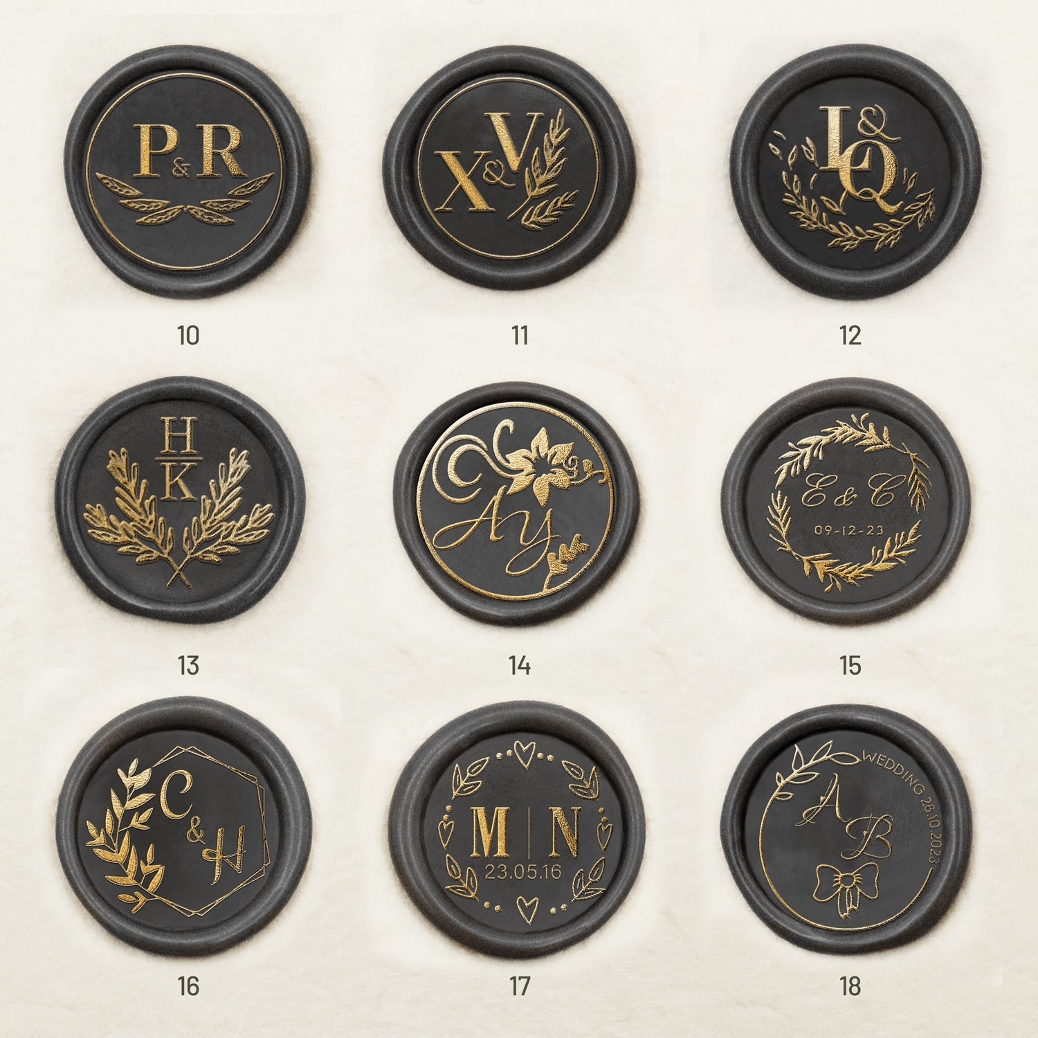 Sello de Caucho de Lacre con Monograma Personalizado para Bodas (36 Diseños) 10-18