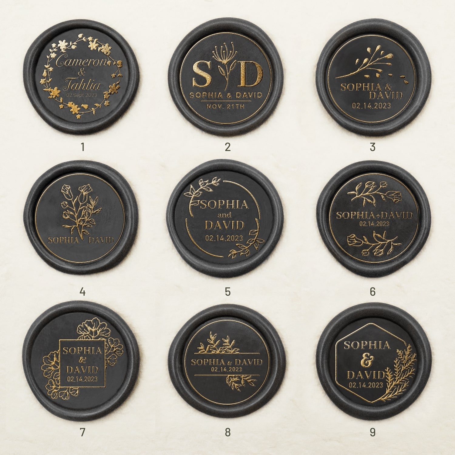 Custom Wedding Self-Adhesive Wax Seal Stickers (27 Designs) Wedding-Name-&-Date1-9
