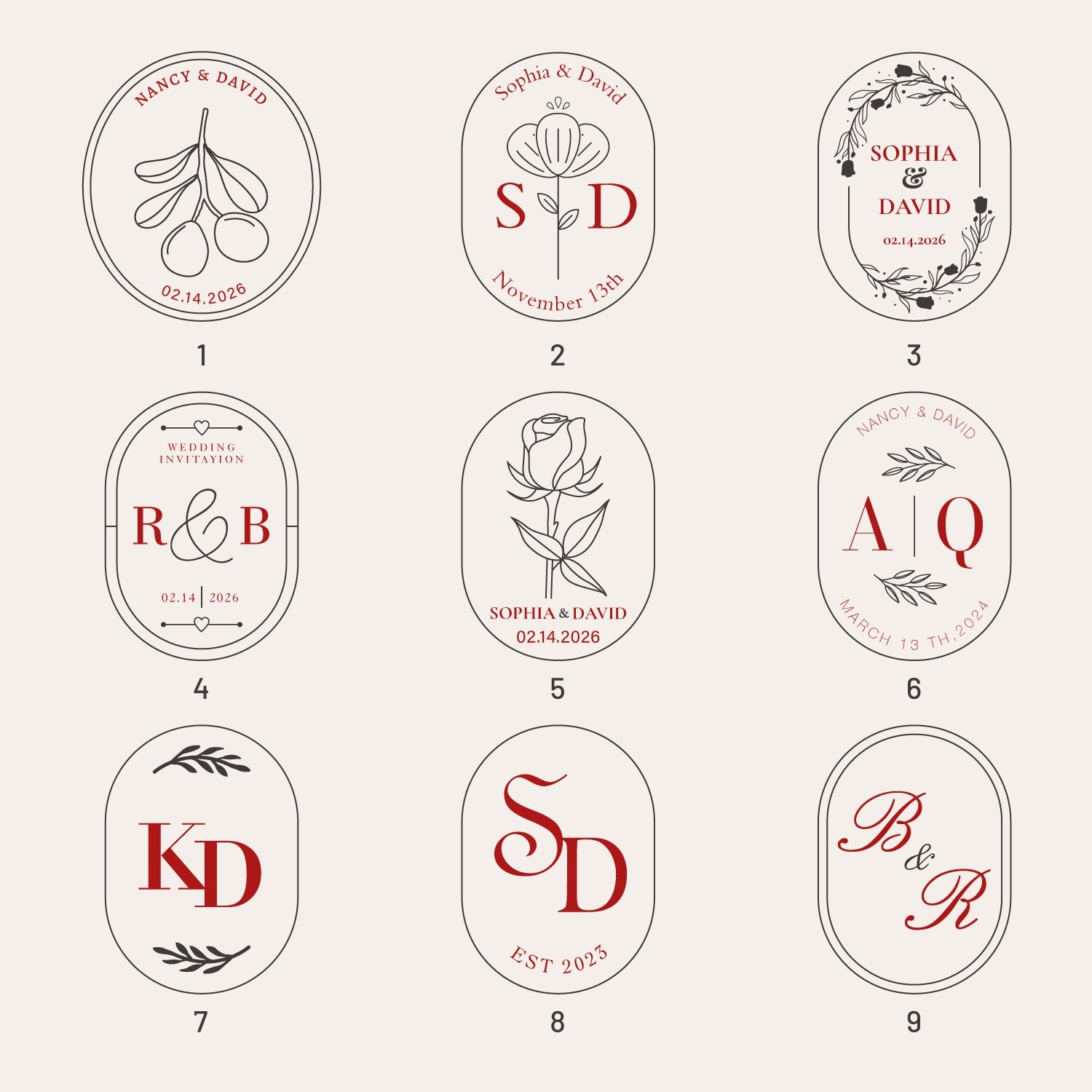 Sello de Caucho de Lacre Ovalado Personalizado para Boda (27 Diseños)-sku1