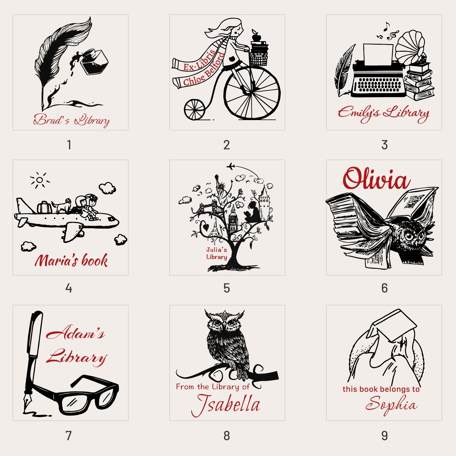 Sello de Caucho de Biblioteca Personalizado (20 Diseños) LB-sku1