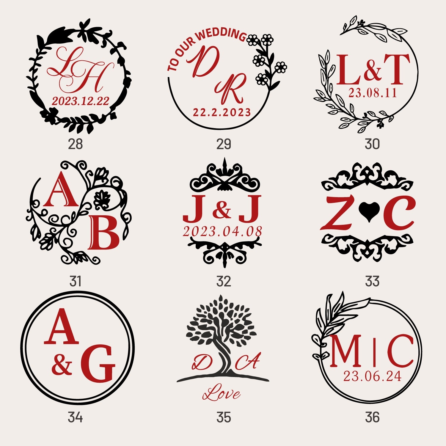 Custom Wedding Monogram Rubber Stamp (36 Designs) sku4