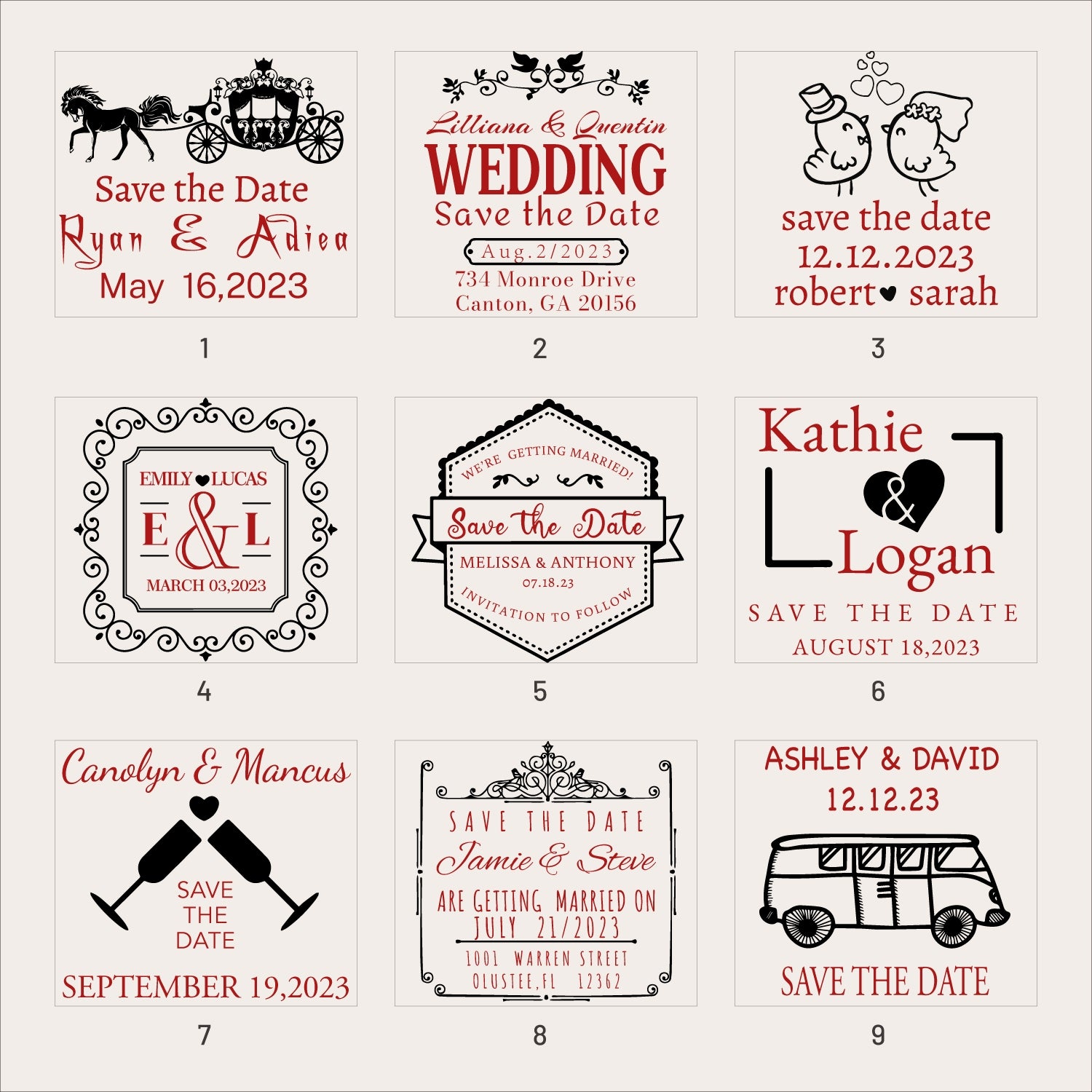 Sello de Caucho Personalizado de Reserva la Fecha de Boda (25 Diseños) SKU1