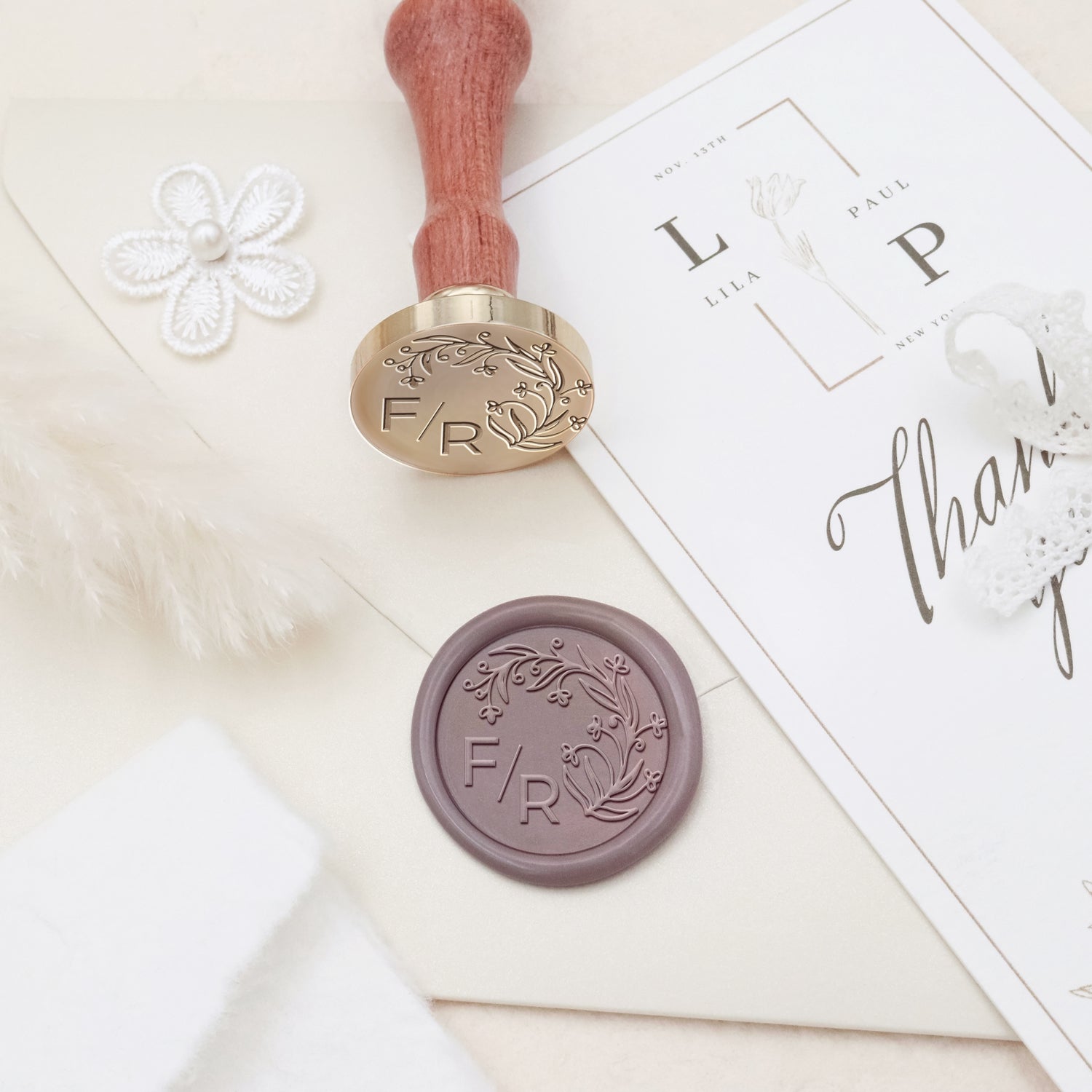 Sello de Caucho de Lacre con Monograma de Boda Botánico Sin Bordes Personalizado - Estilo 8 3