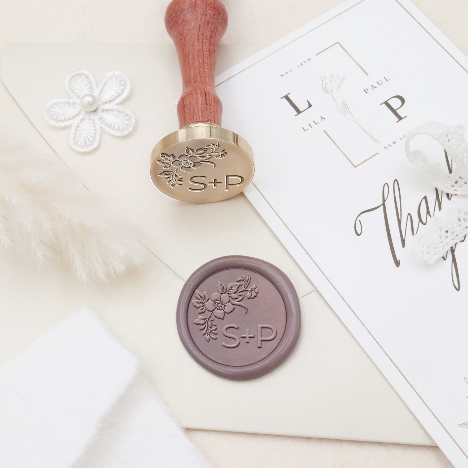 Sello de Caucho de Lacre Personalizado sin Bordes Botánico para Bodas con Monograma - Estilo 27 3