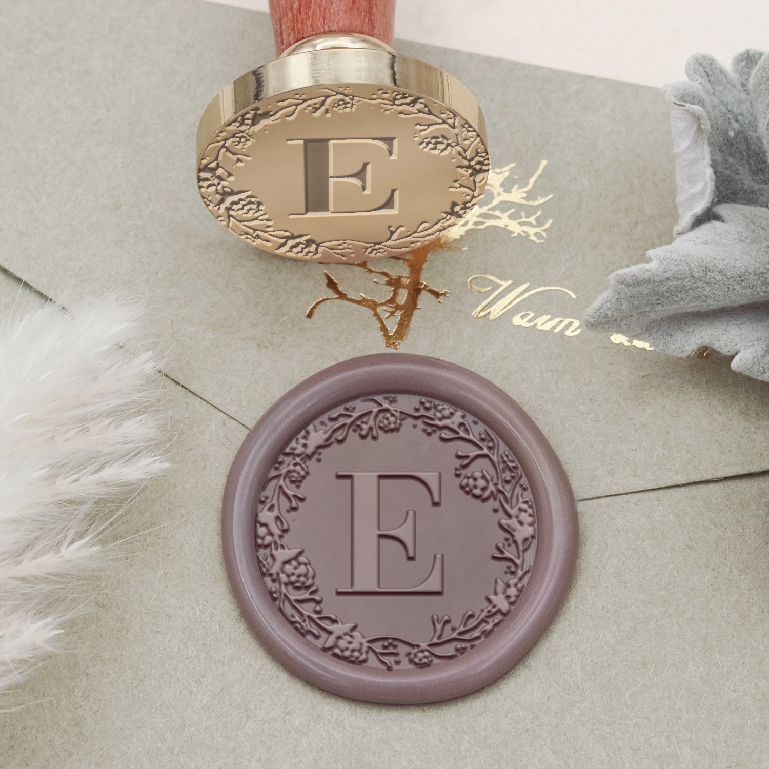 Sello de Caucho de Lacre con Inicial Individual y Borde Botánico Personalizado - Estilo 6 2