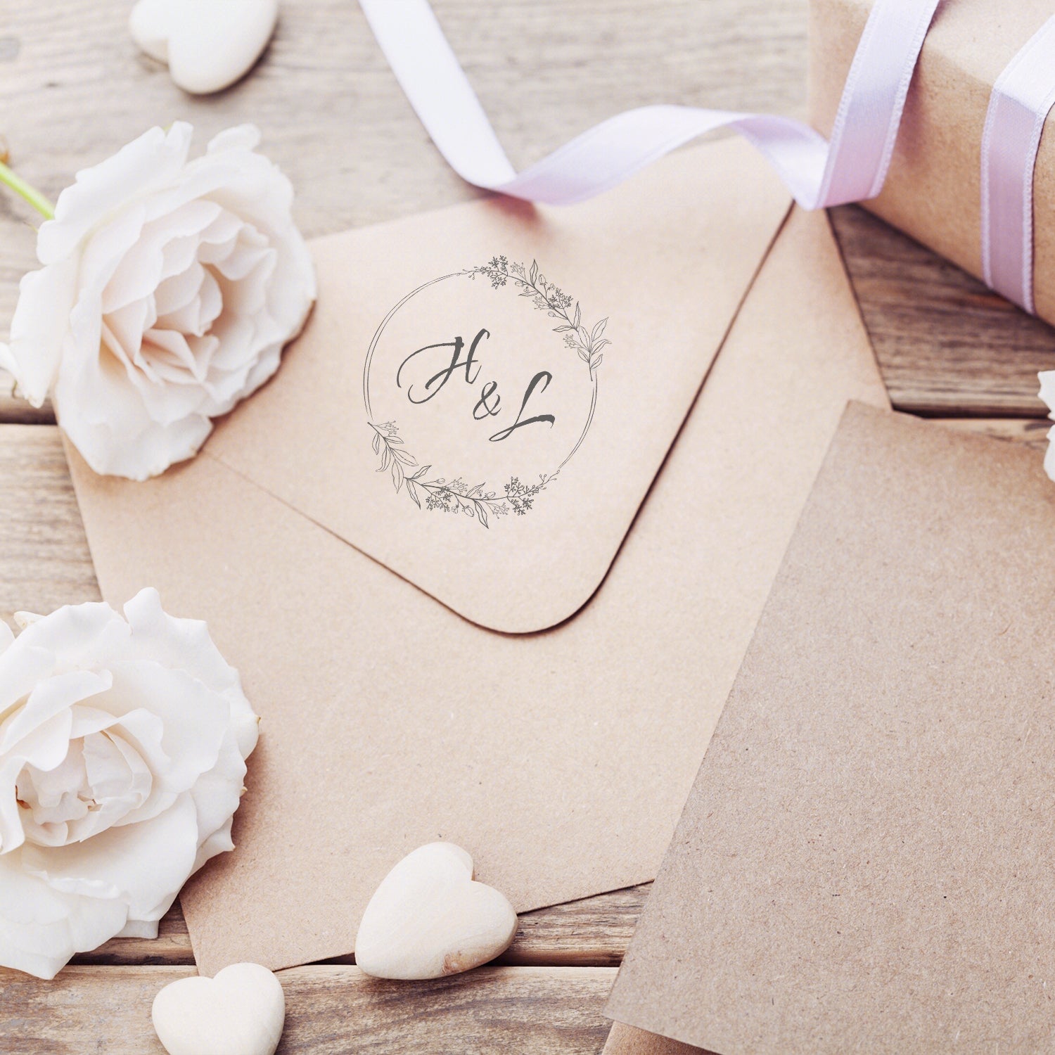 Sello de Caucho de Monograma de Boda Botánico Personalizado - Estilo 4 wd3