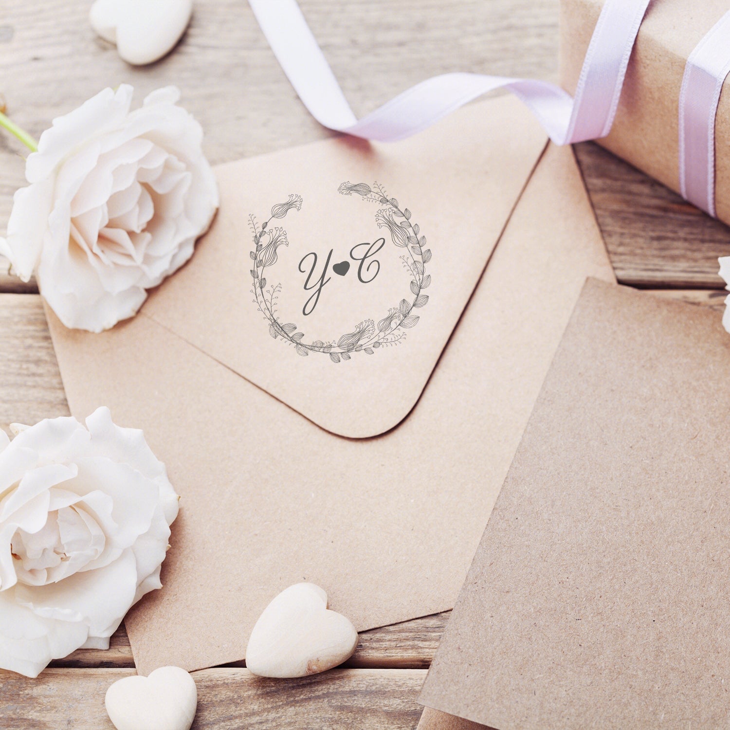 Sello de Caucho de Monograma de Boda Botánico Personalizado - Estilo 17 wd3
