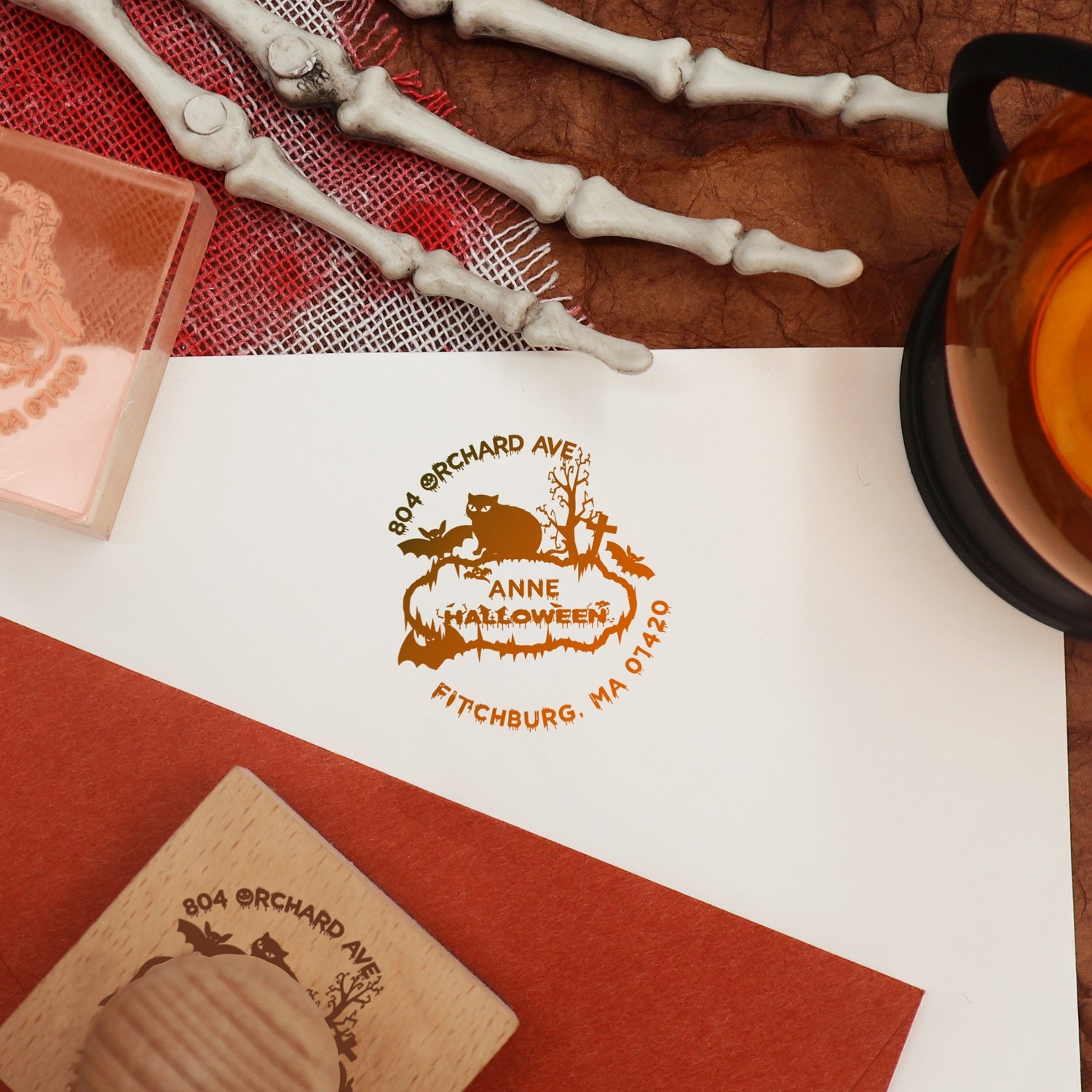 Sello de Caucho de Dirección Personalizado de Murciélago y Gato de Halloween2