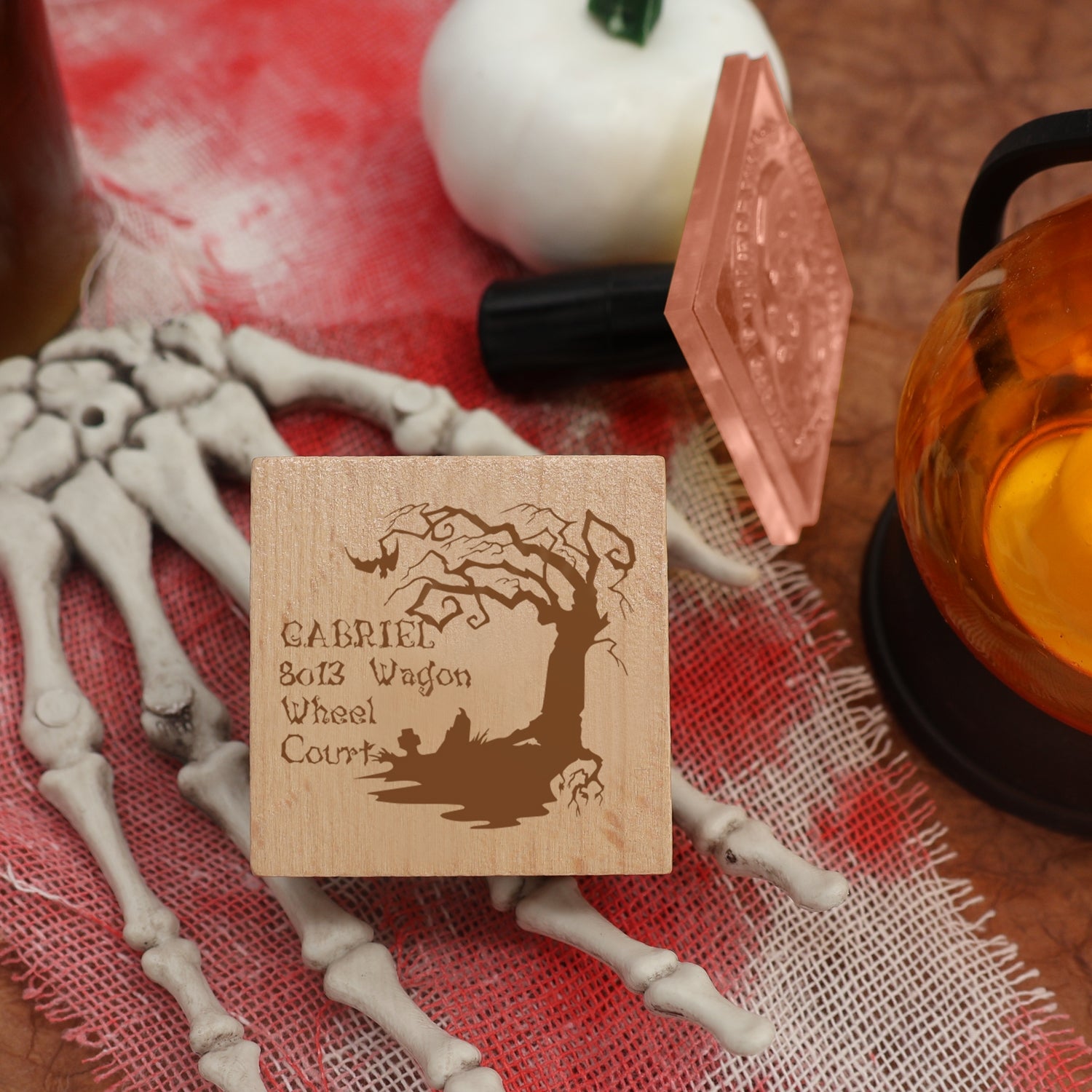 Sello de Caucho de Dirección de Halloween Árbol Espeluznante Personalizado1