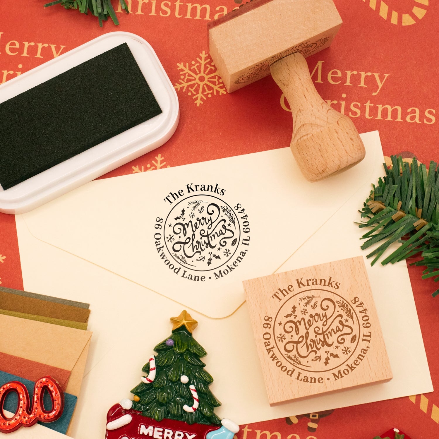 Sello de Caucho de Dirección Personalizado con Texto Feliz Navidad