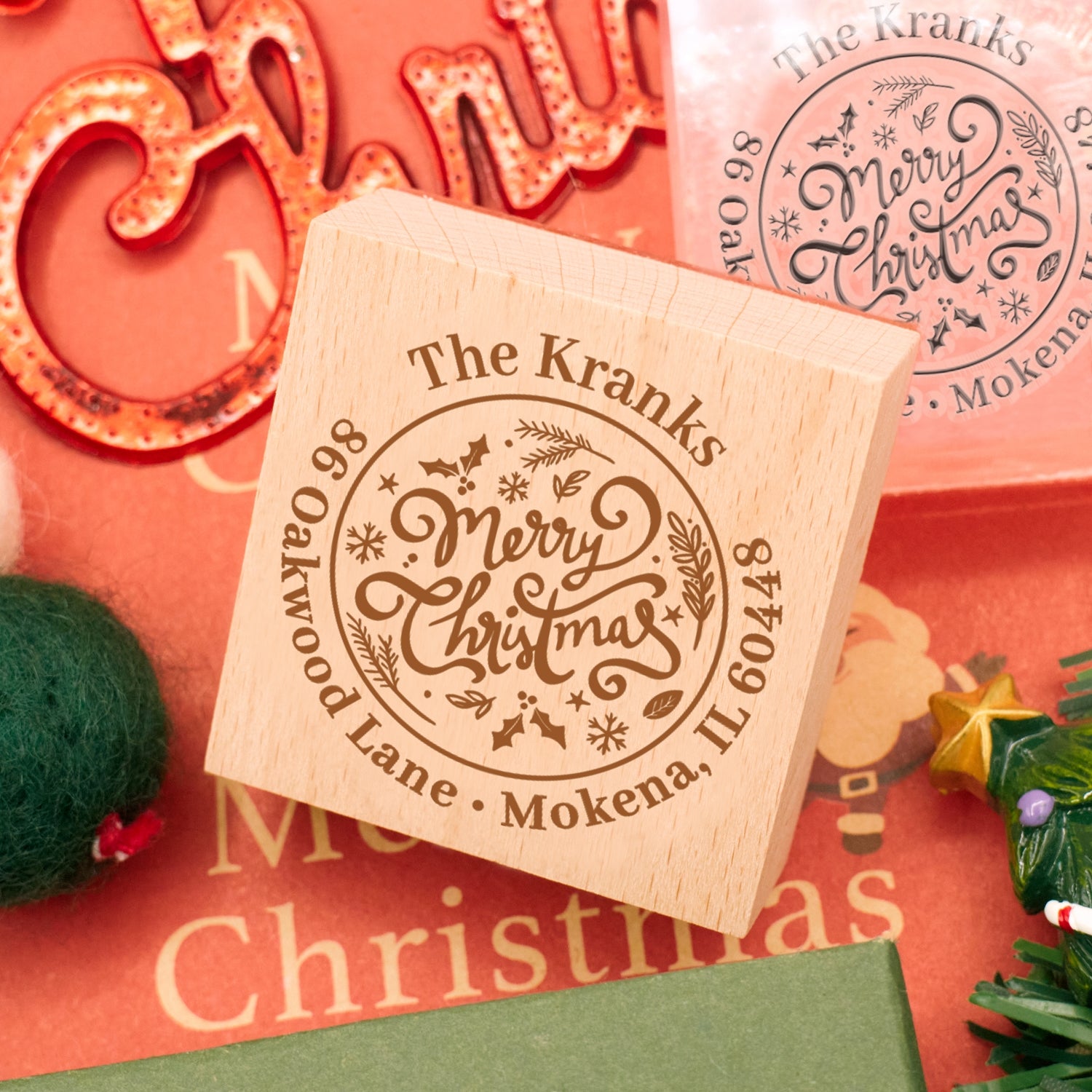 Sello de Caucho Personalizado con Texto de Feliz Navidad y Dirección3