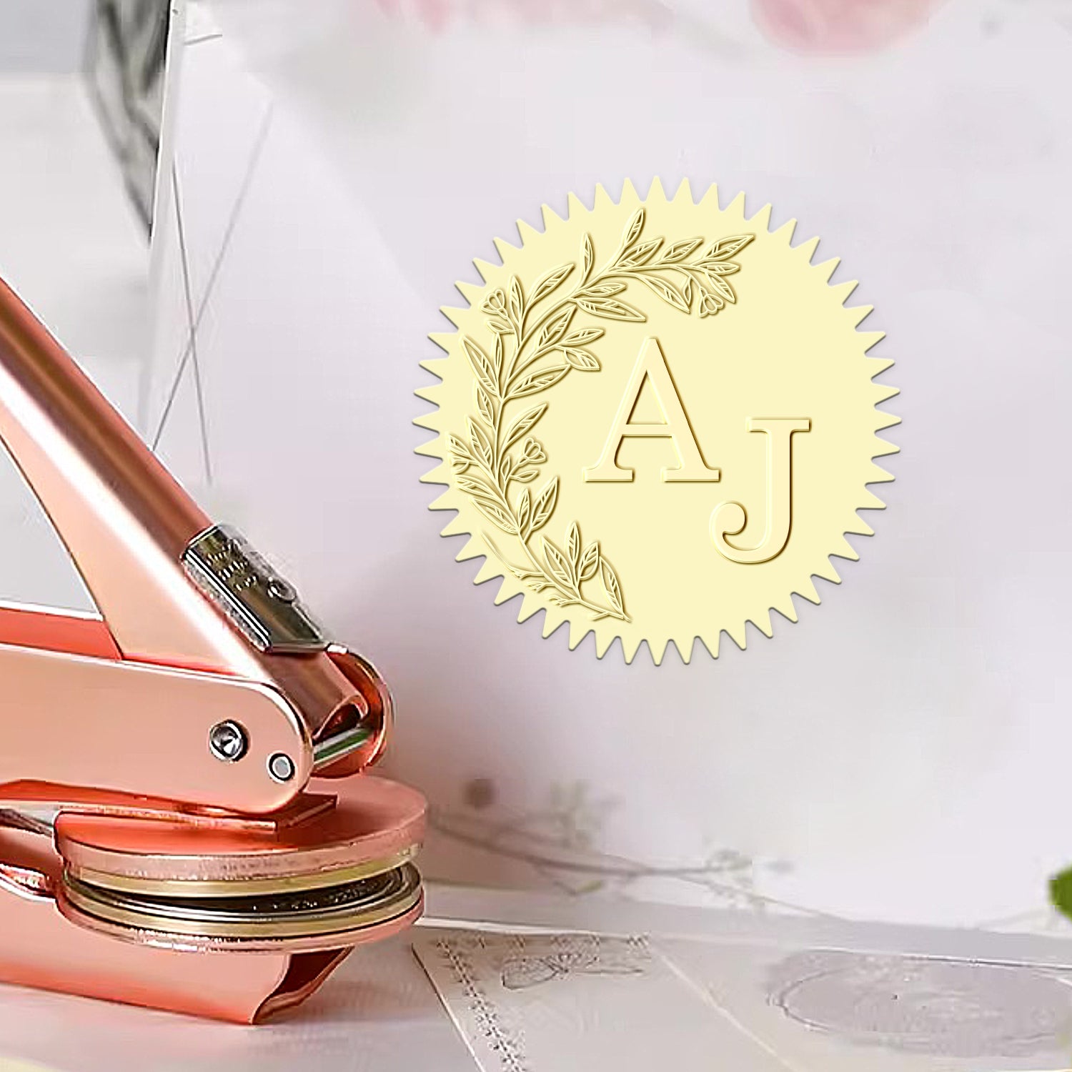Sello en Seco de Monograma de Boda con Iniciales Botánicas Personalizado - Estilo 2 Sello en Seco de Monograma de Boda con Iniciales Botánicas Personalizado - Estilo 212 21