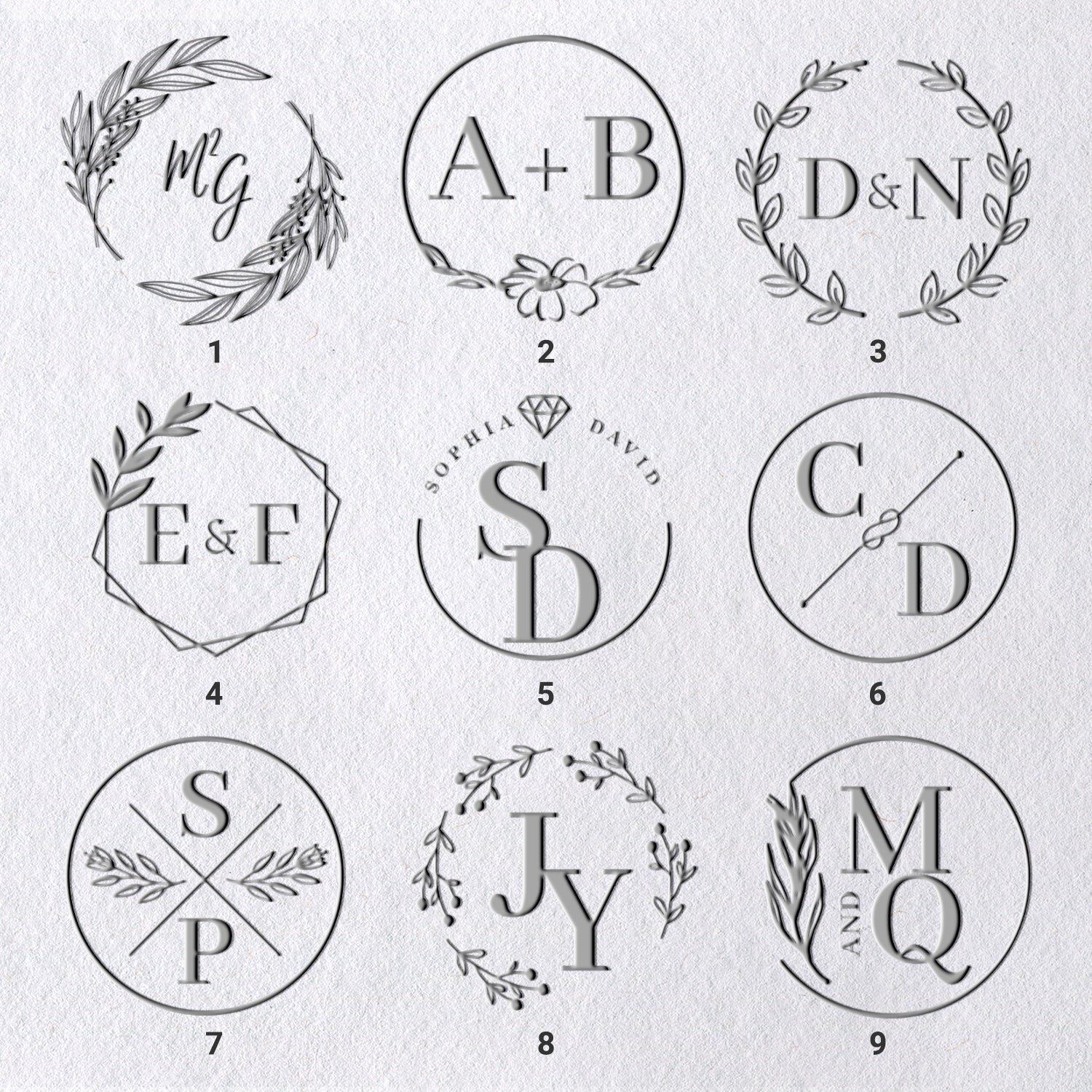 Sellos secos de Monograma de Boda con Iniciales Personalizadas (36 Diseños) 1-91