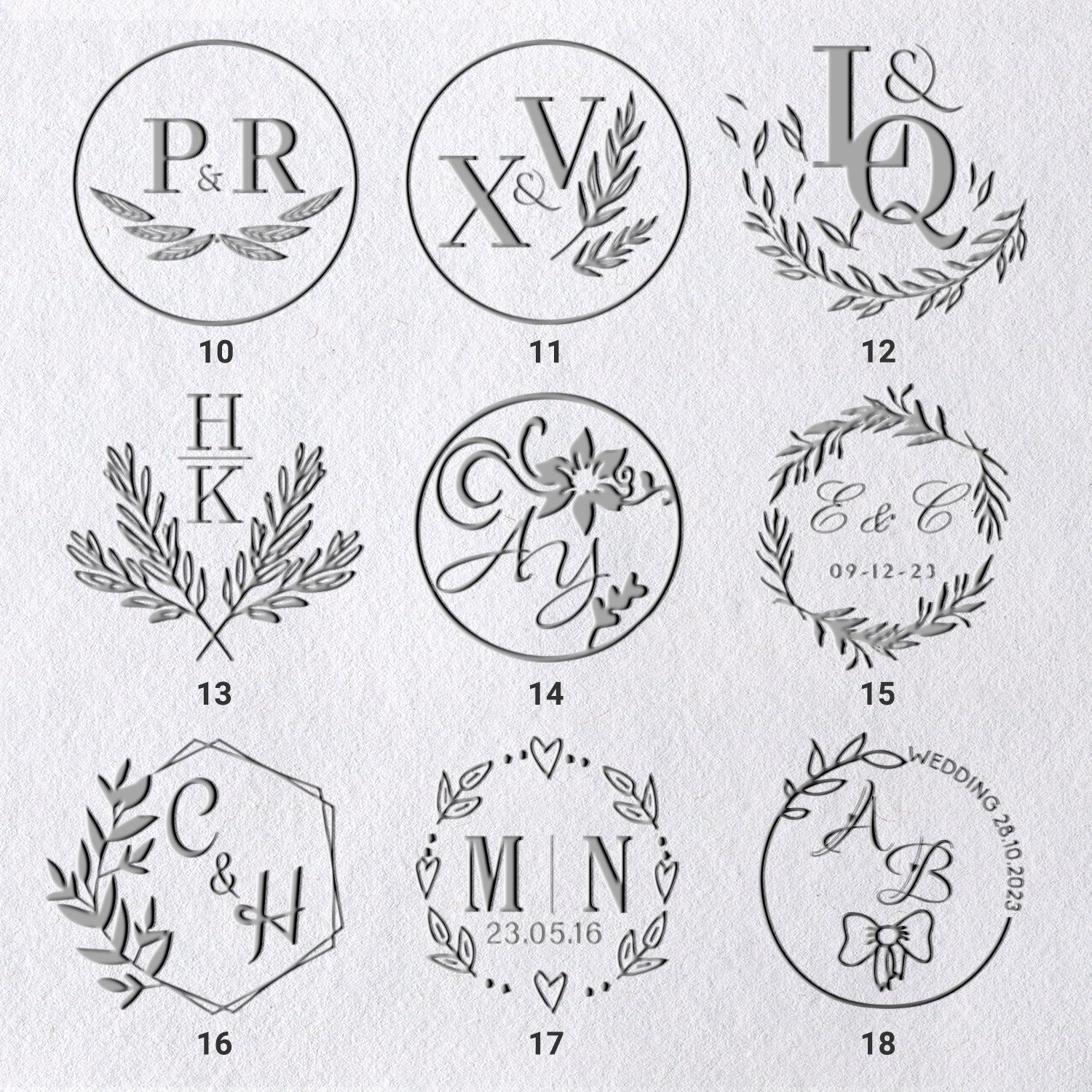 Sellos secos de Monograma de Boda con Iniciales Personalizadas (36 Diseños) 10-181