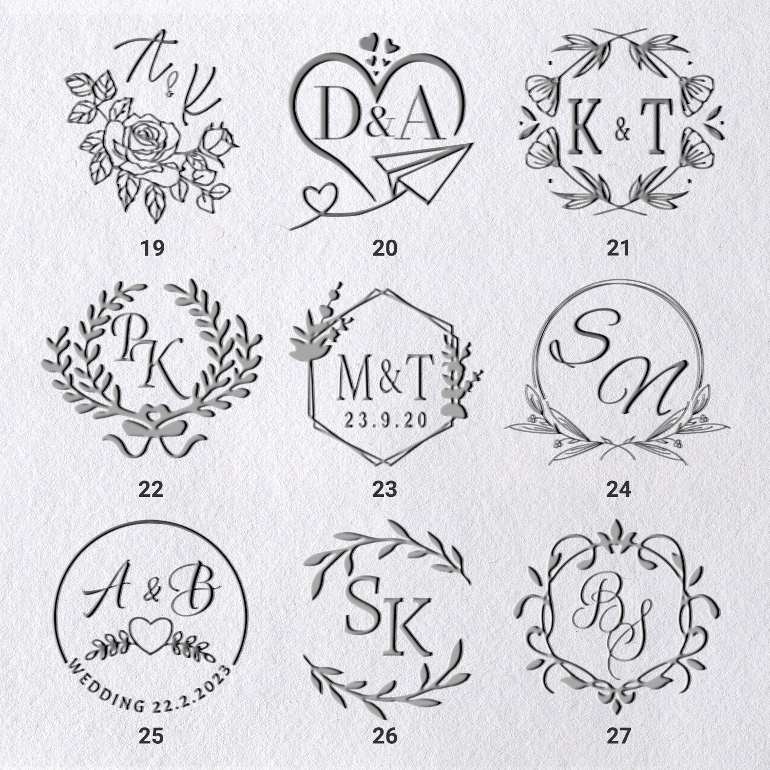 Sellos secos de Monograma de Boda con Iniciales Personalizadas (36 Diseños) 19-271