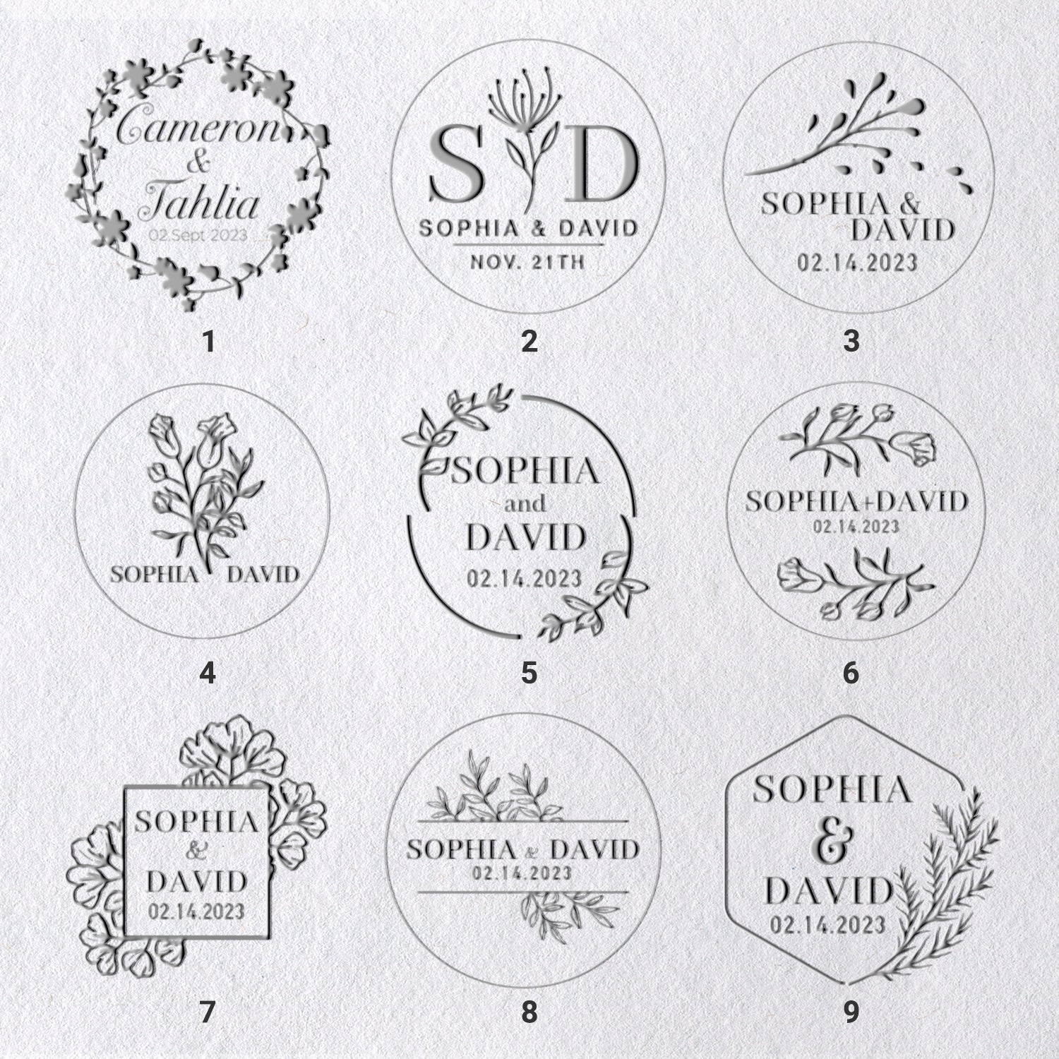 Sello en Seco Personalizado para Nombres de Boda (27 Diseños) 1-9_31