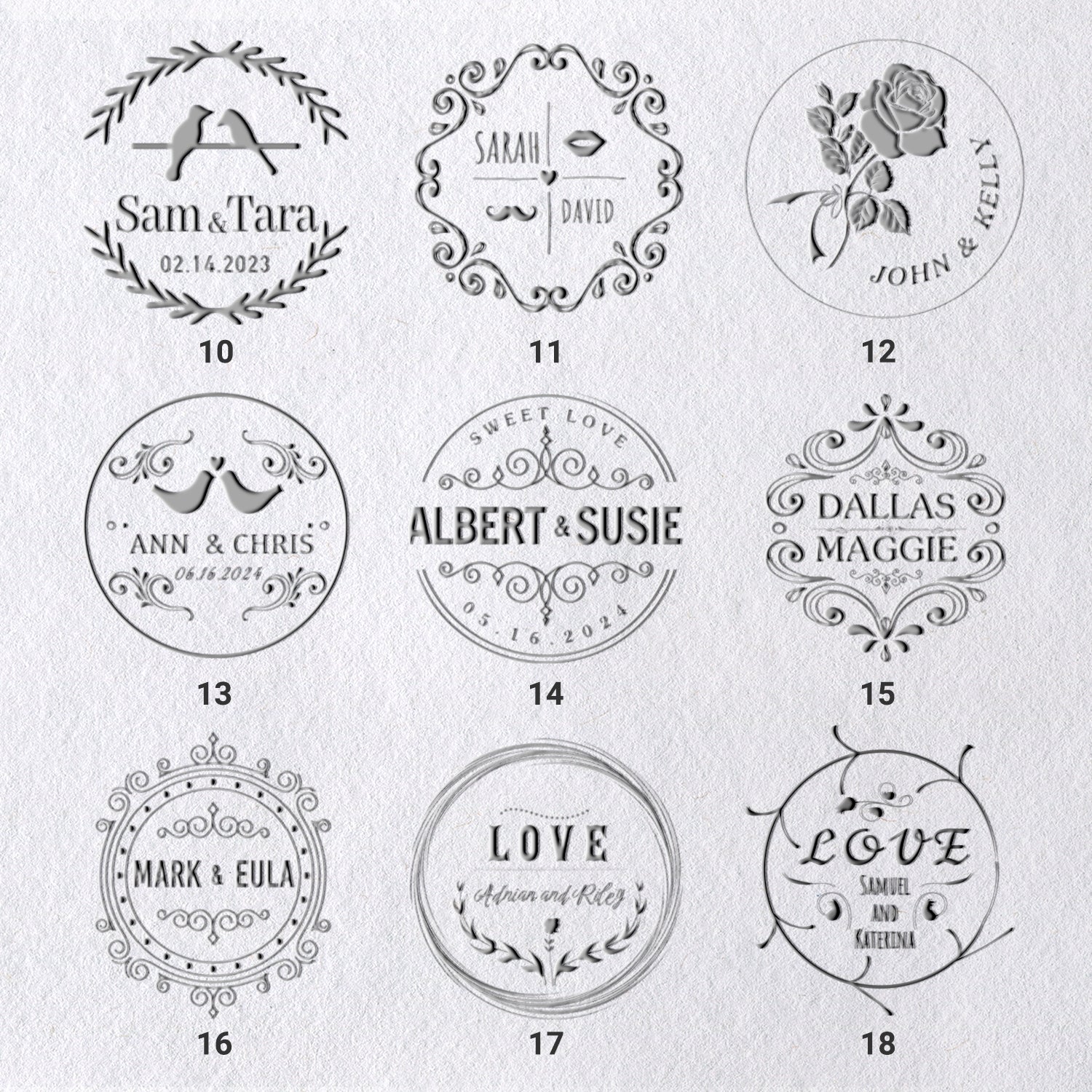 Sello en Seco Personalizado de Nombre de Boda (27 Diseños) 10-18_31