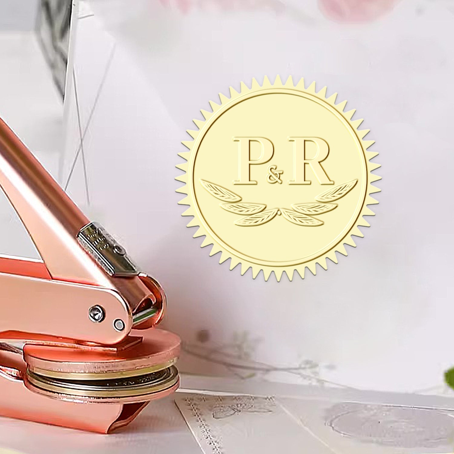 Sello en seco de monograma de boda con alas personalizado 1-101