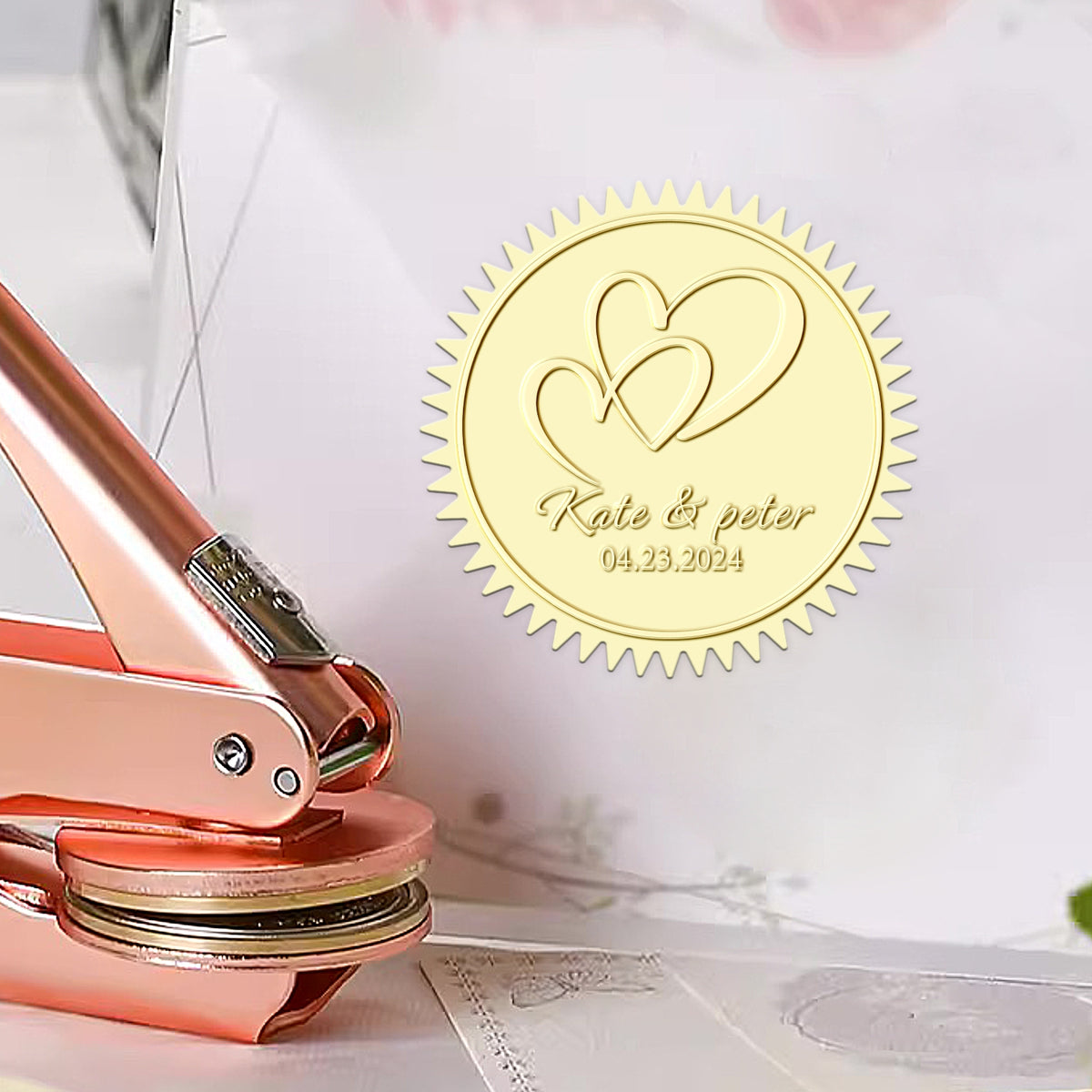 Sello en Seco Personalizado de Corazones Superpuestos para Boda 1201