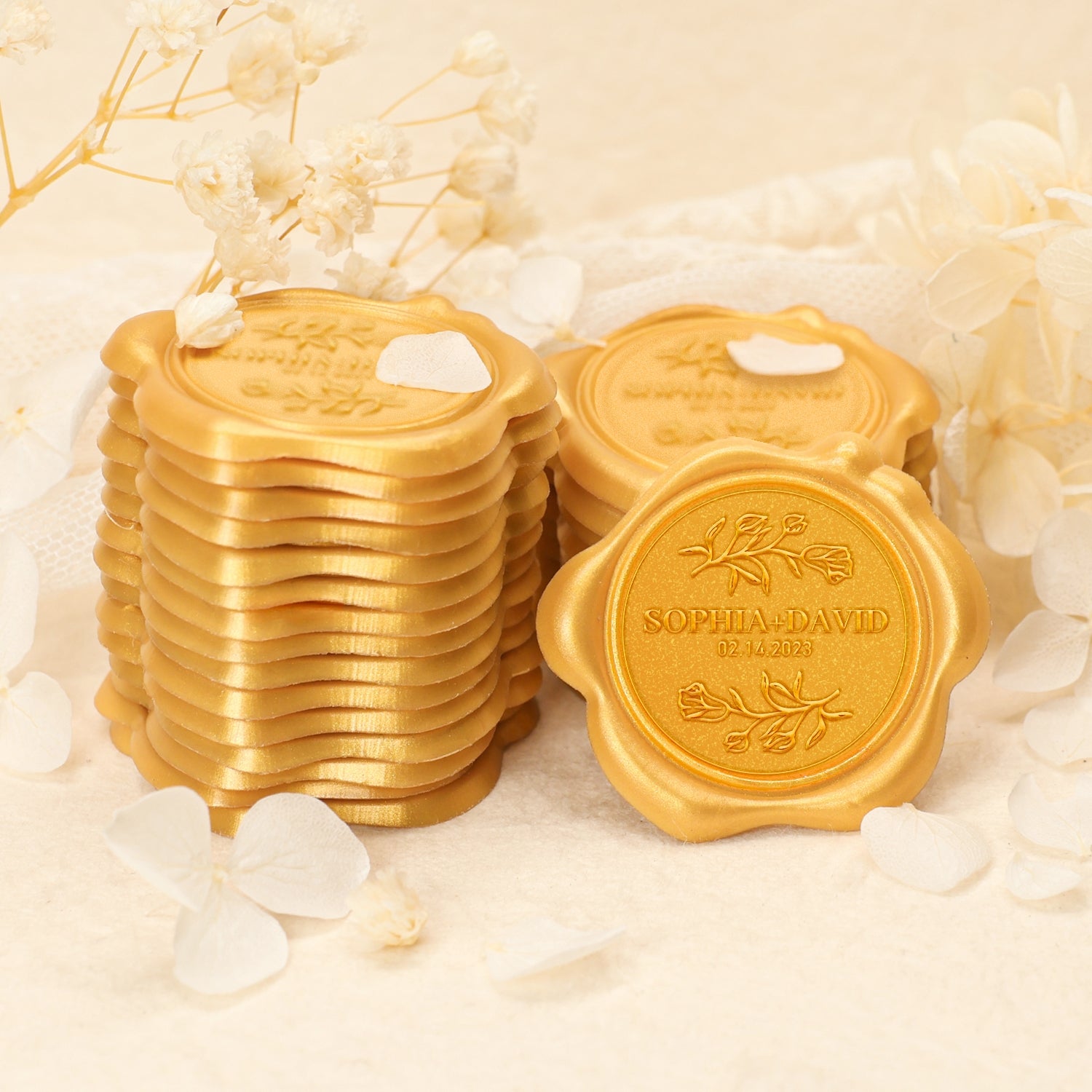 Pegatinas de Sello de Lacre Personalizadas de Tulipán con Nombre y Fecha de Boda 2-6