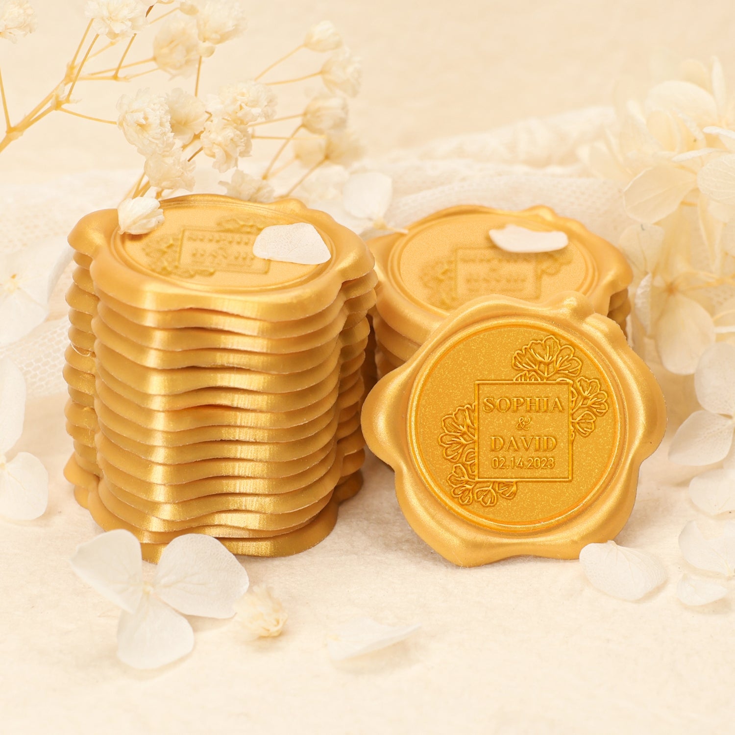 Pegatinas de Sello de Lacre Personalizado de Rosa Floreciente de Boda con Nombre y Fecha 2-7
