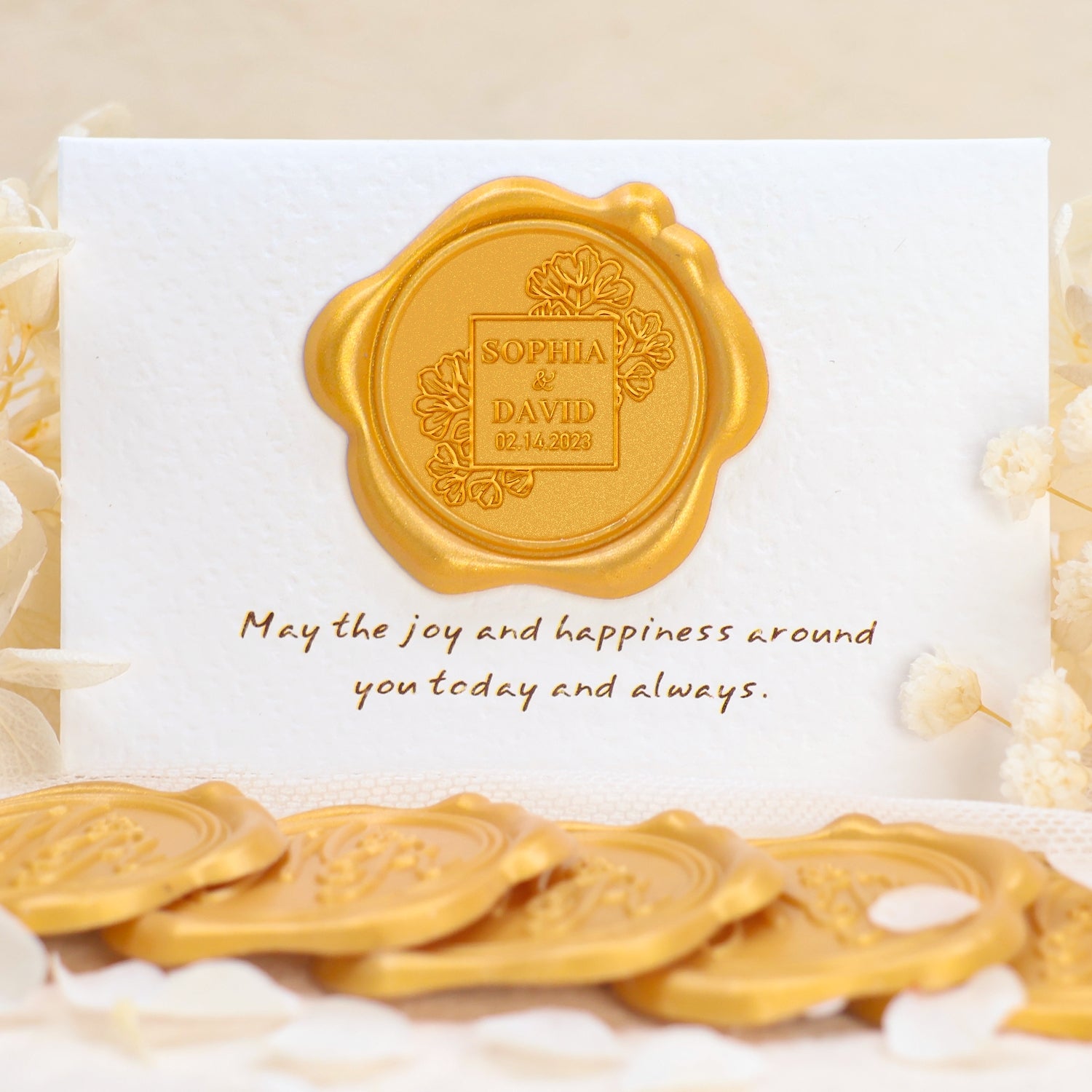 Pegatinas de Sello de Lacre Personalizado con Rosa Floreciente y Nombre y Fecha de Boda 1-7