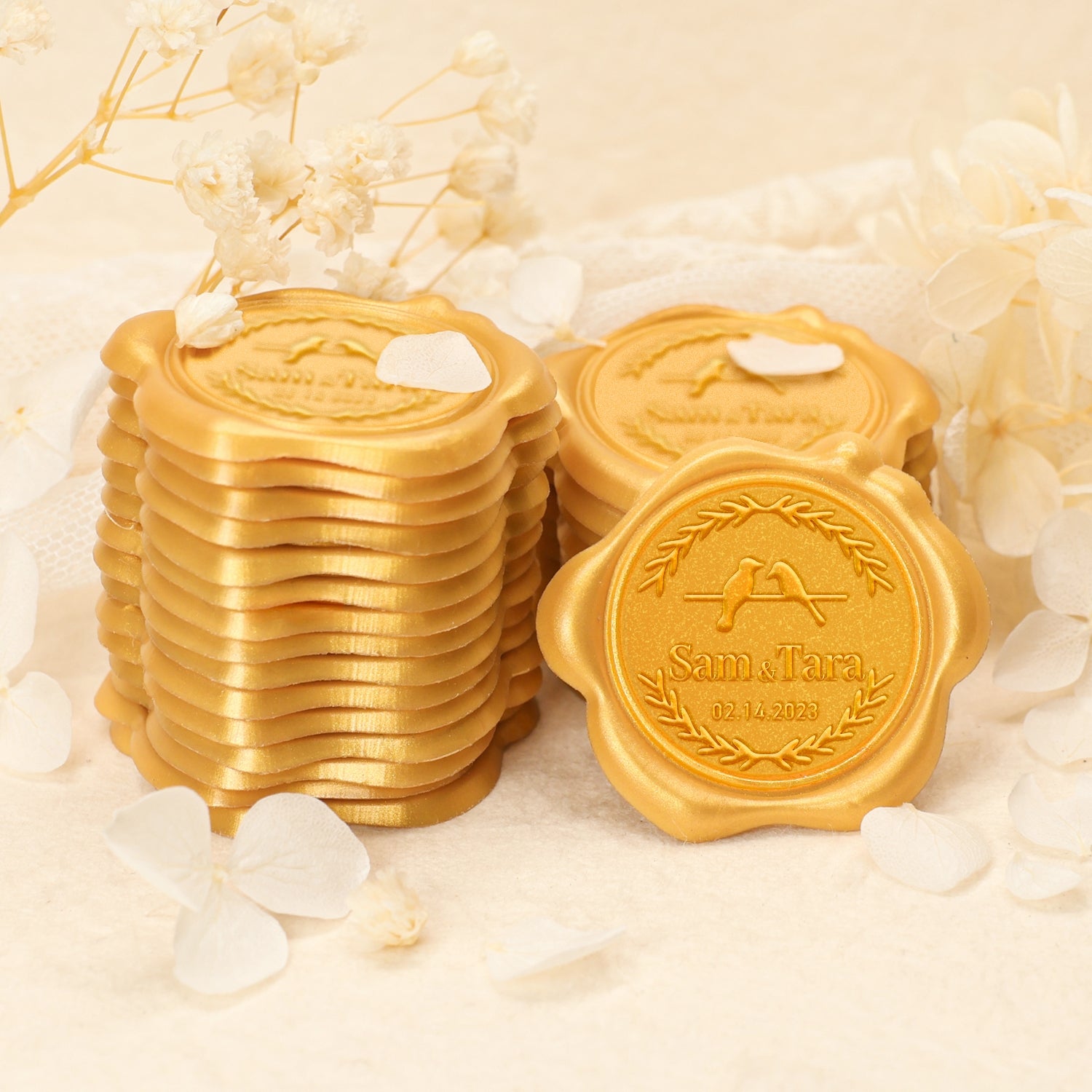 Pegatinas de Sello de Lacre Personalizado con Nombres y Fecha de Boda de Tortolitos 2-10