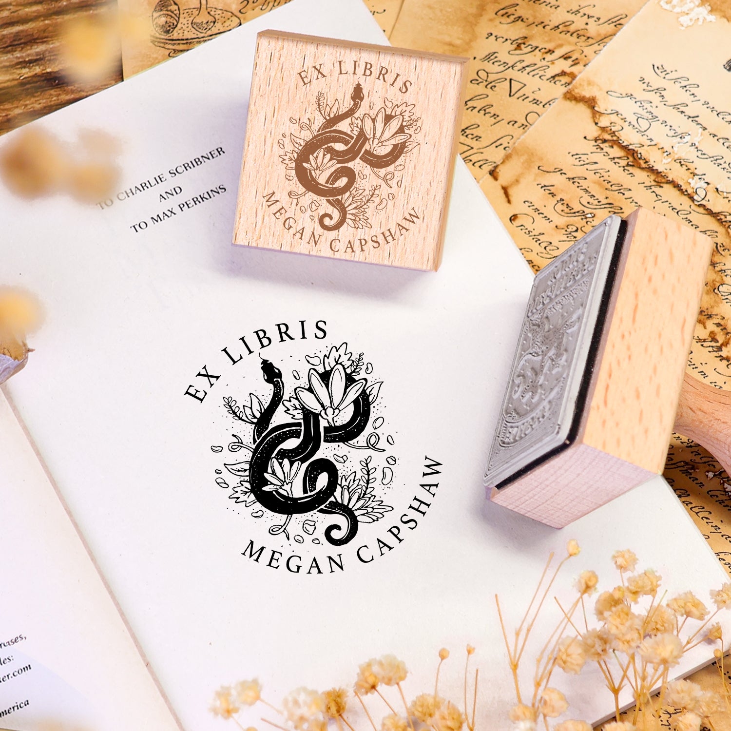 Sello de Caucho de Madera Personalizado Ex Libris de Libro con Doble Golondrina Voladora 2
