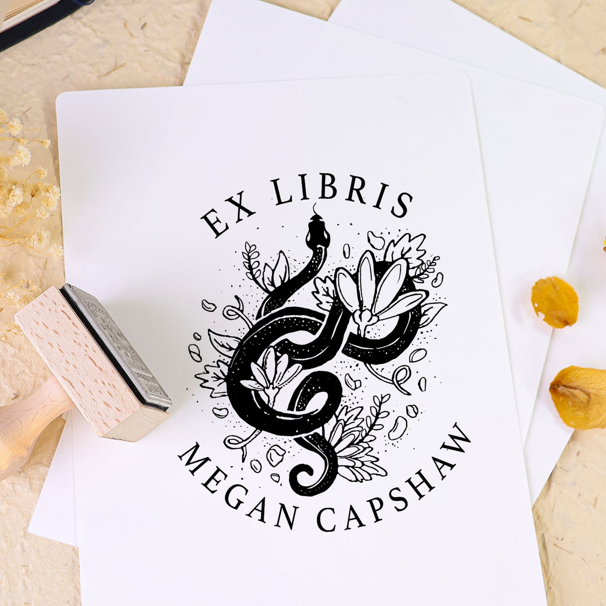 Sello de Caucho de Madera Personalizado Ex Libris de Libro con Golondrinas Gemelas Volando