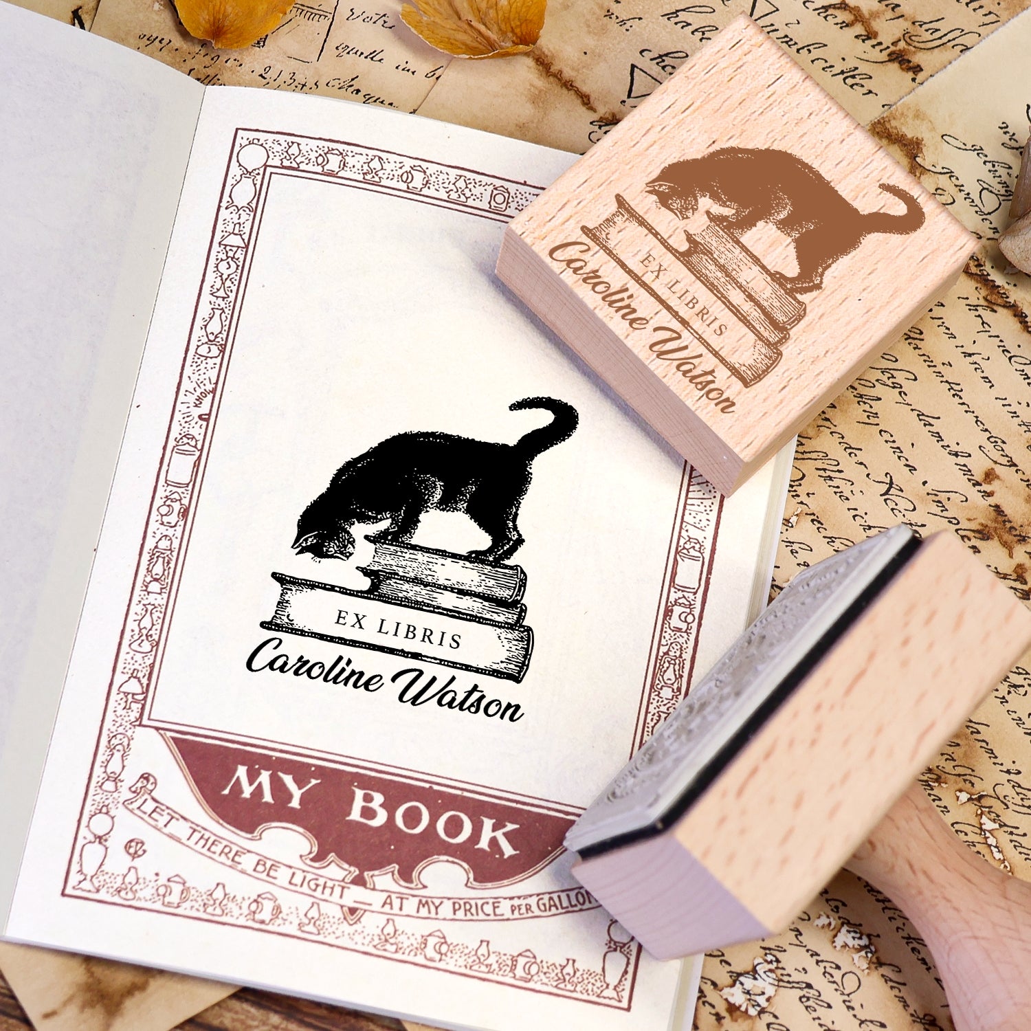Sello de Caucho de Madera Personalizado Ex Libris de Libro con Doble Golondrina Voladora 2