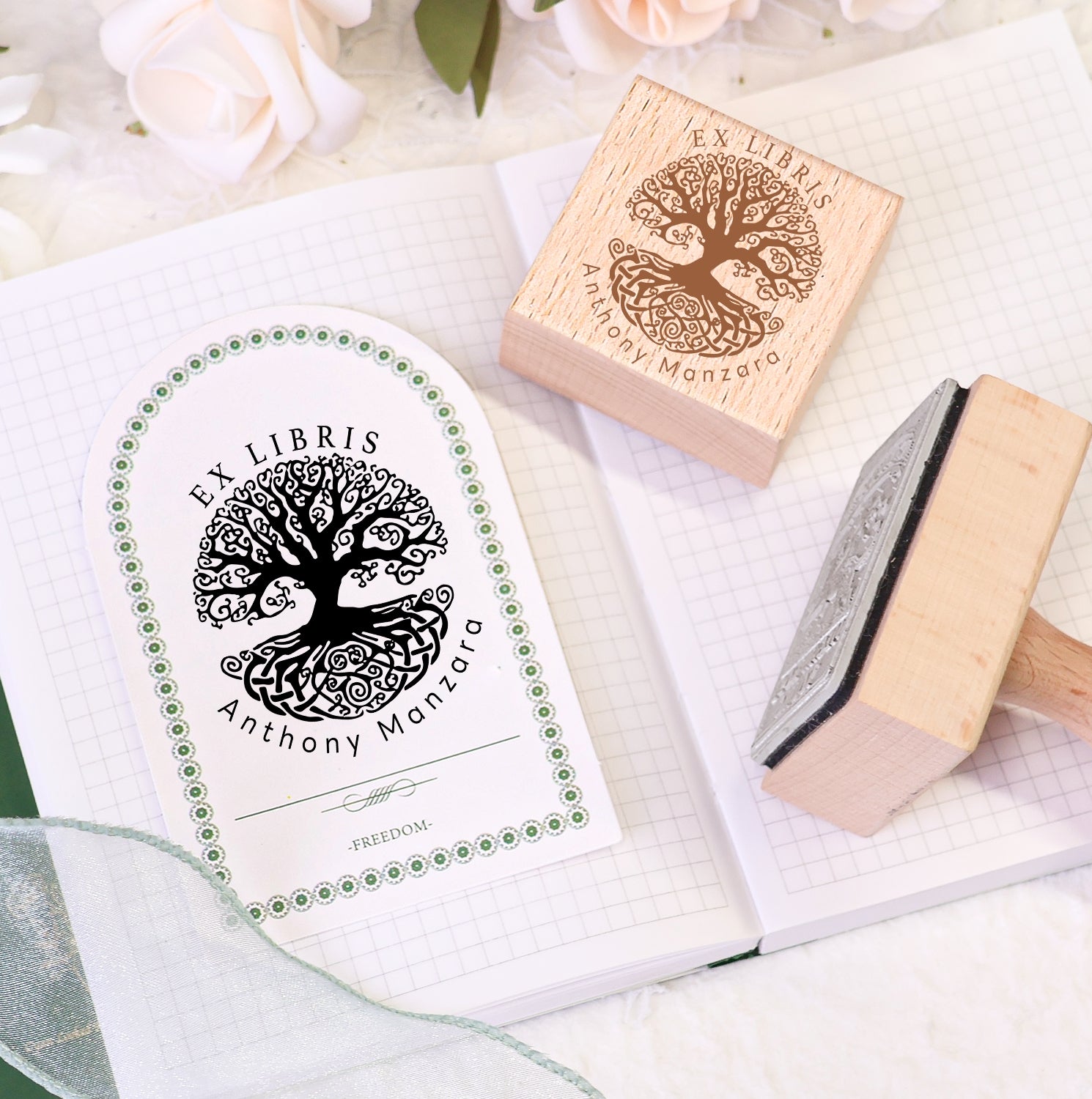 Sello de Caucho de Madera Personalizado Ex Libris de Libro con Doble Golondrina Voladora 2