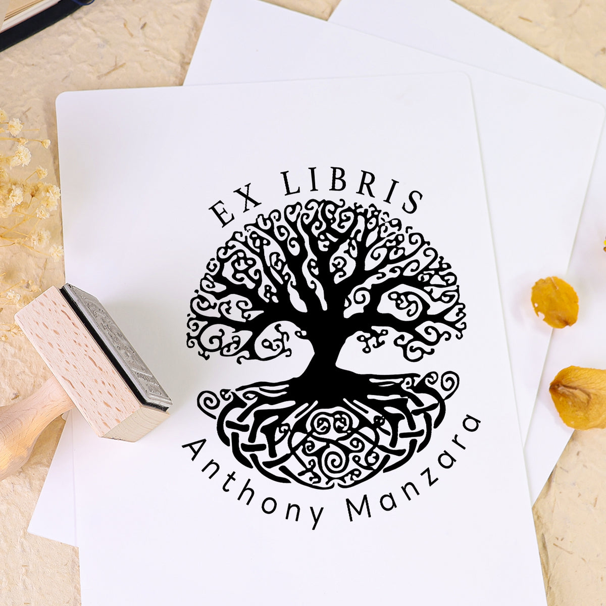 Sello de Caucho de Madera Personalizado Ex Libris de Libro con Golondrinas Gemelas Volando
