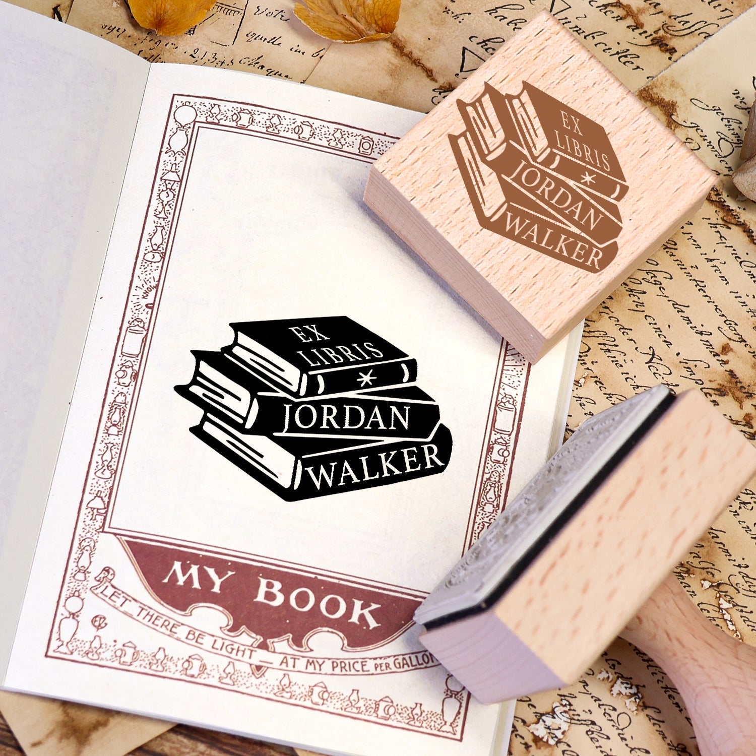 Sello de Caucho de Madera Personalizado Ex Libris de Libro con Doble Golondrina Voladora 2