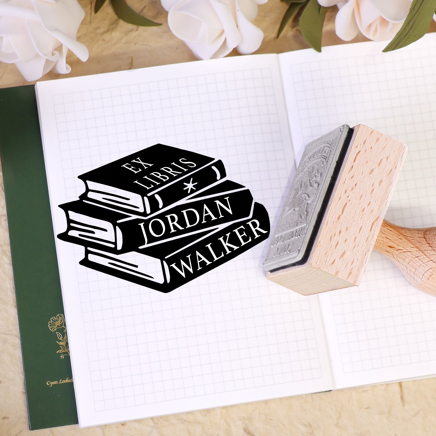 Sello de Caucho de Madera Personalizado Ex Libris de Libro con Golondrinas Gemelas Volando