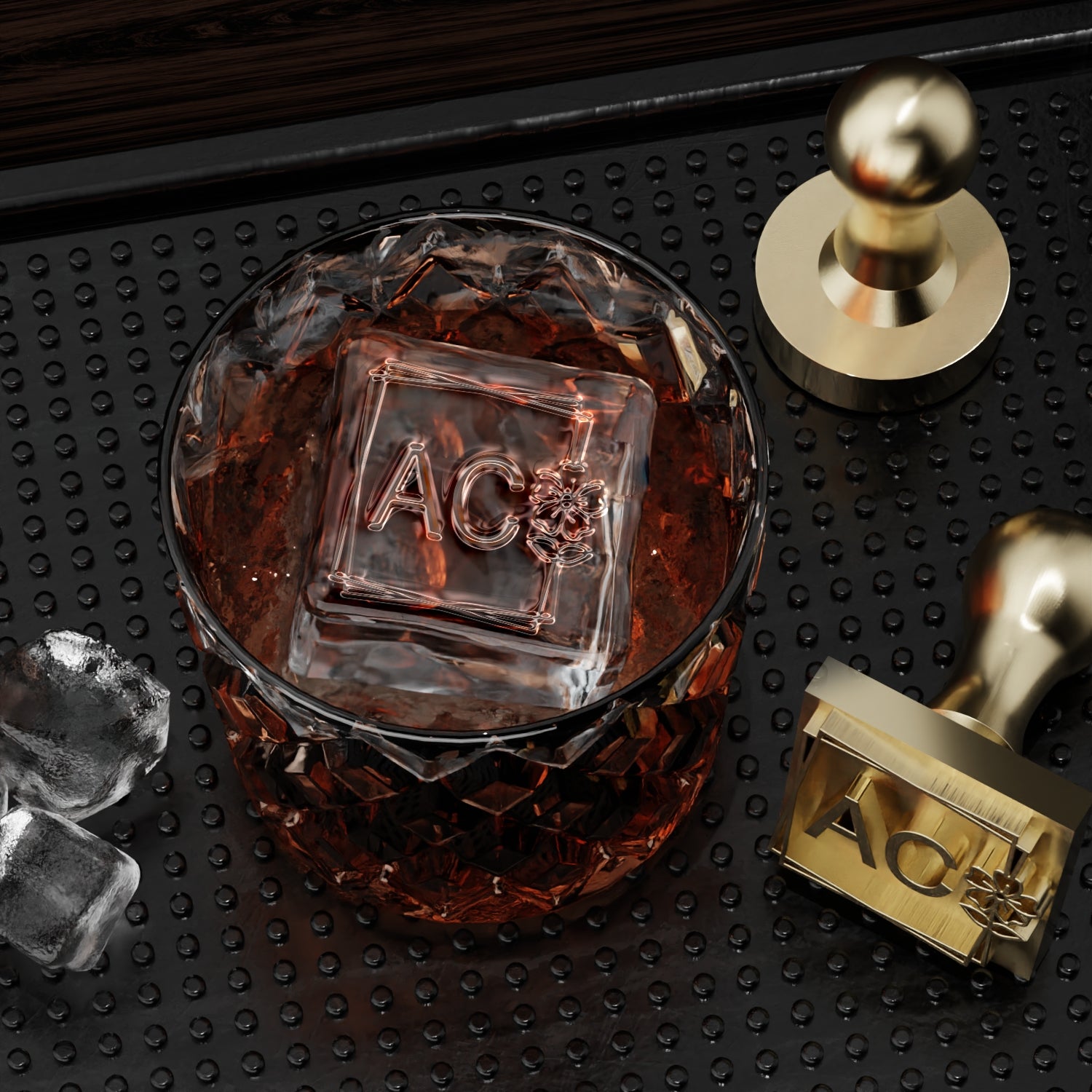 Sello de caucho de hielo de latón con doble monograma marco floral para Bartender y planificador3
