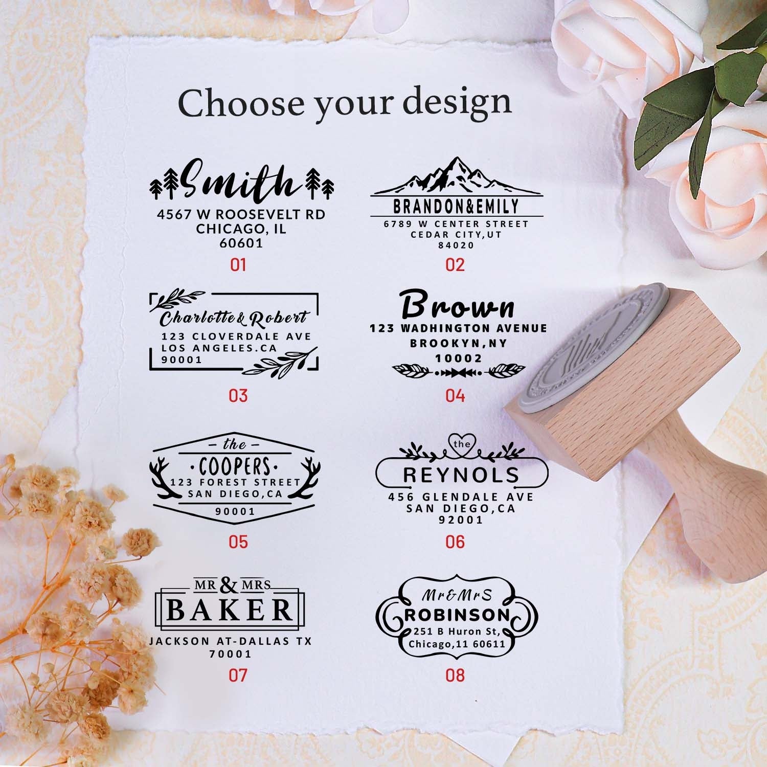 Sello de Caucho de Dirección de Madera Rectangular Personalizado - 18 Diseños1