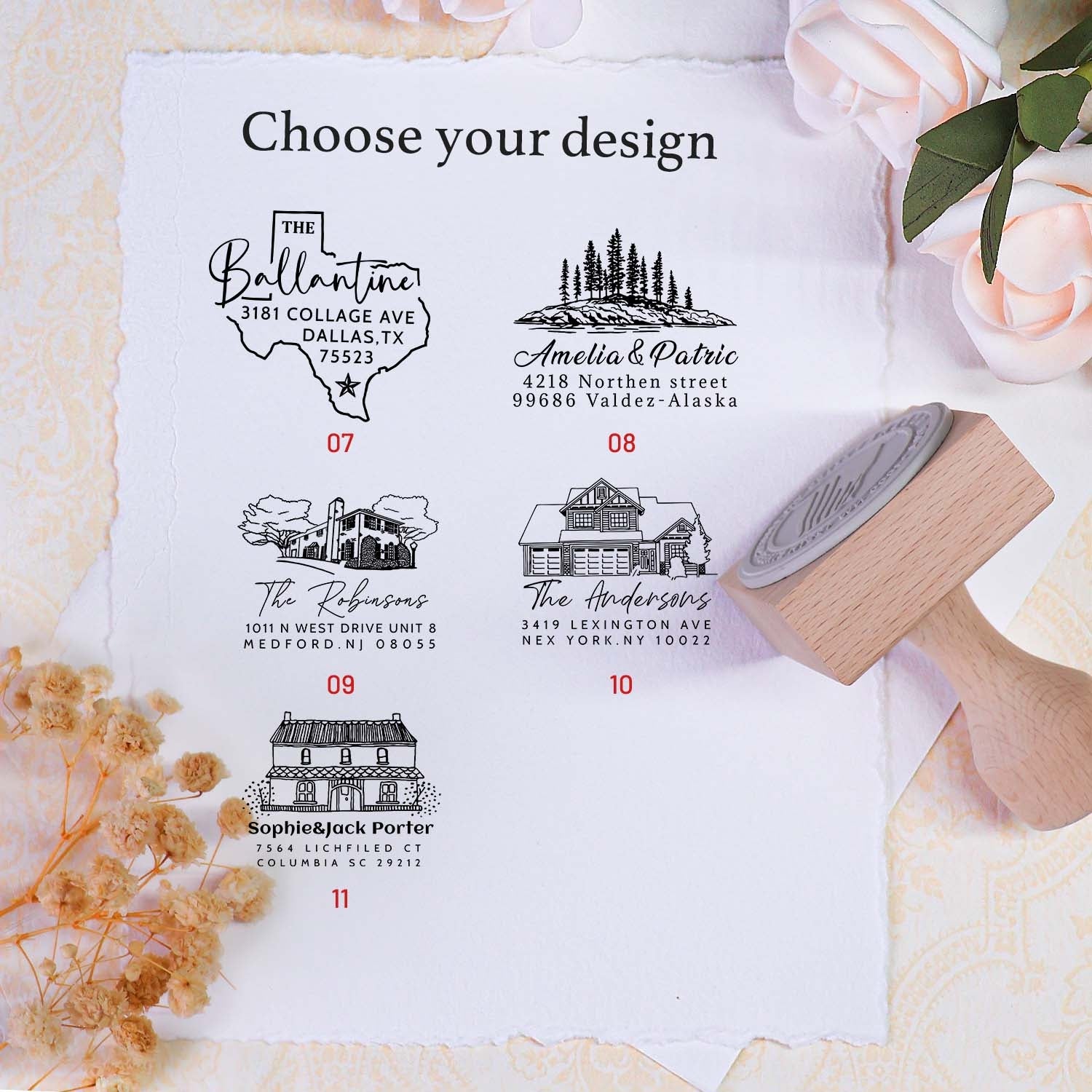 Sello de Caucho de Dirección de Madera Cuadrado Personalizado - 11 Diseños5